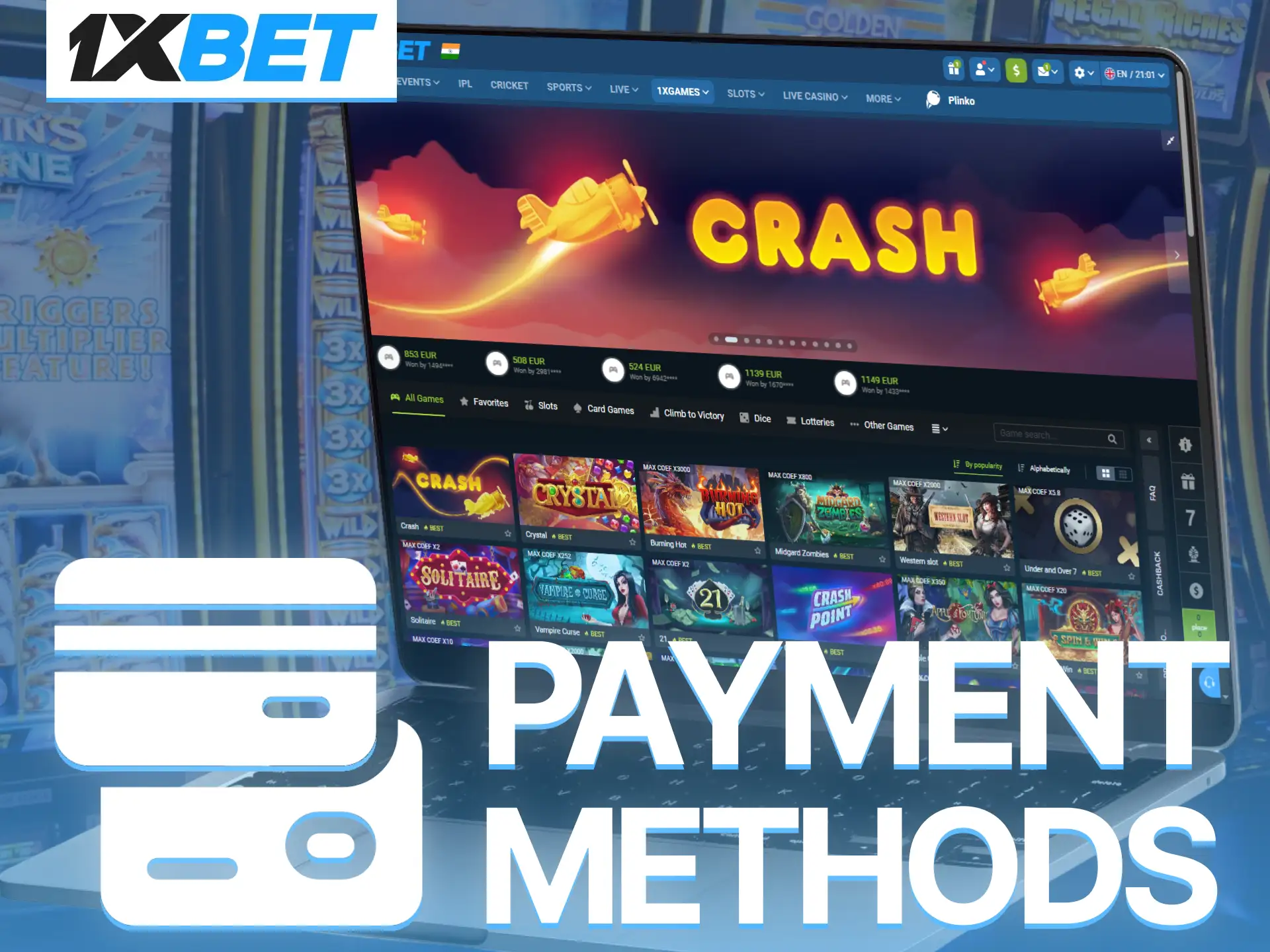 Choose from multiple secure payment options to fund your account and play 1xBet games.