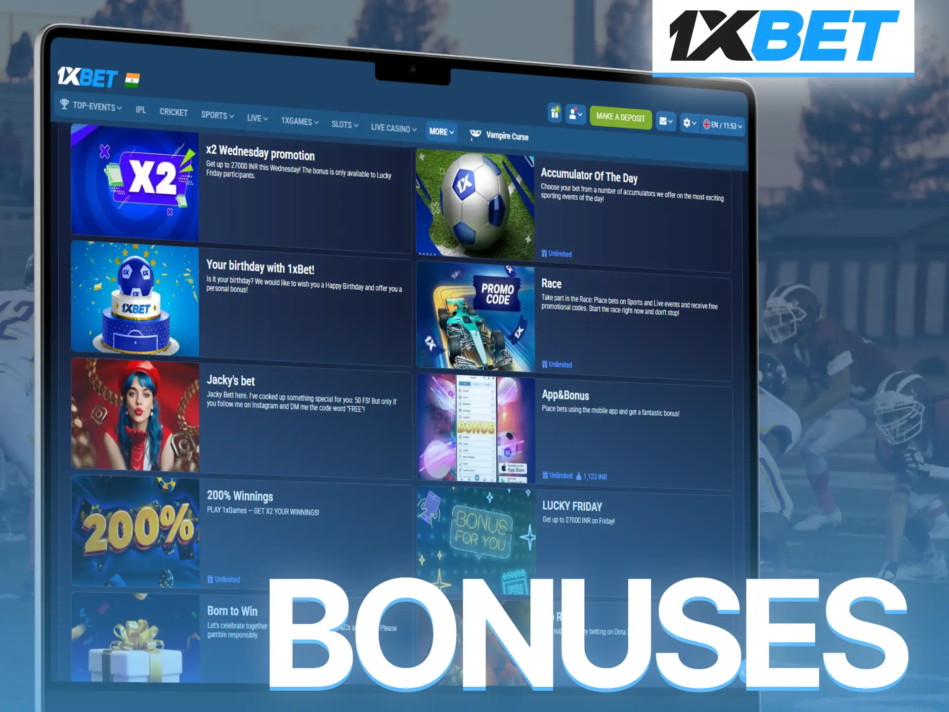 Boost American football bets on 1xBet with exciting promotional bonus offers.