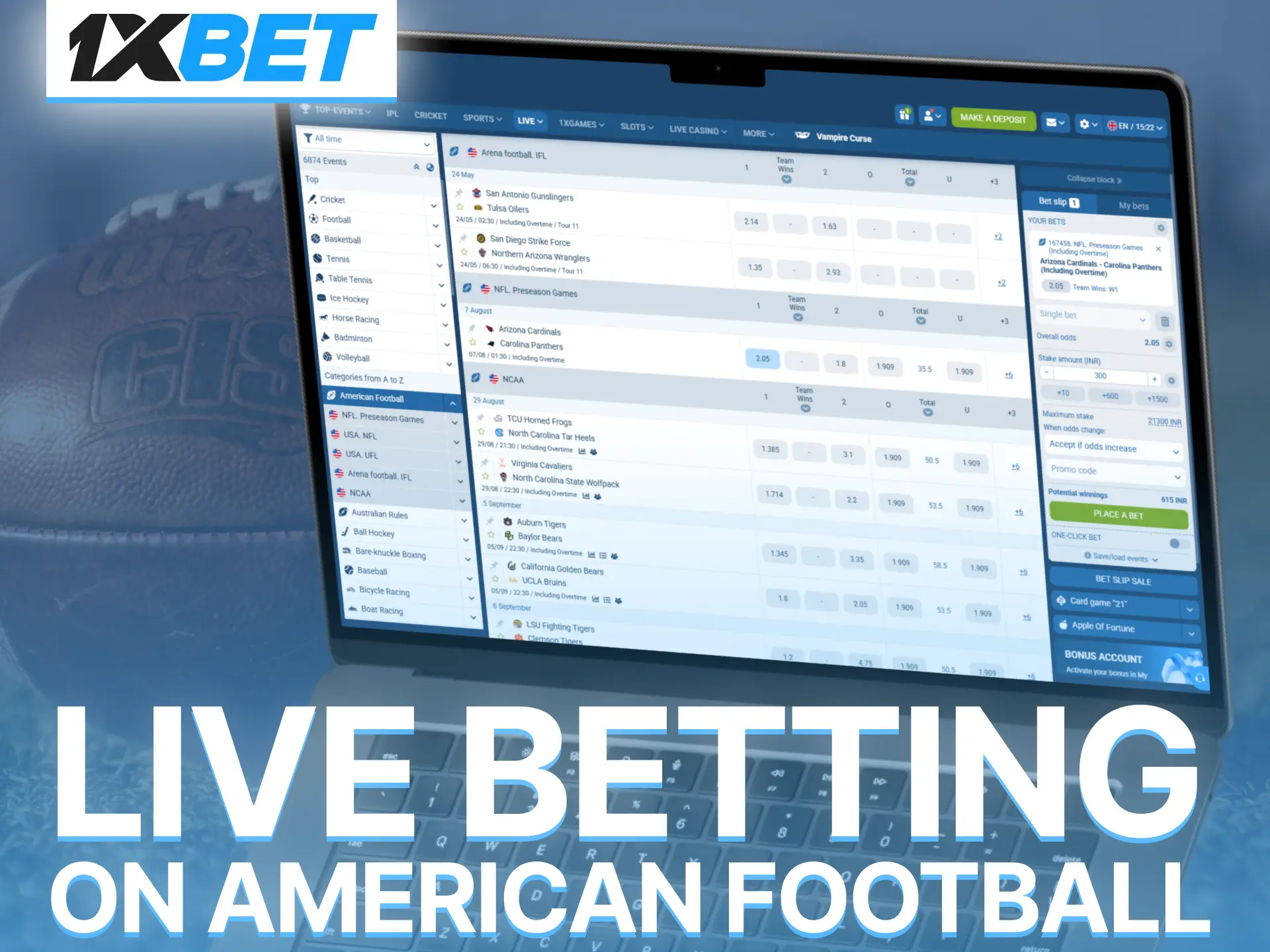 Enjoy dynamic live American football betting on 1xBet with real-time updates.