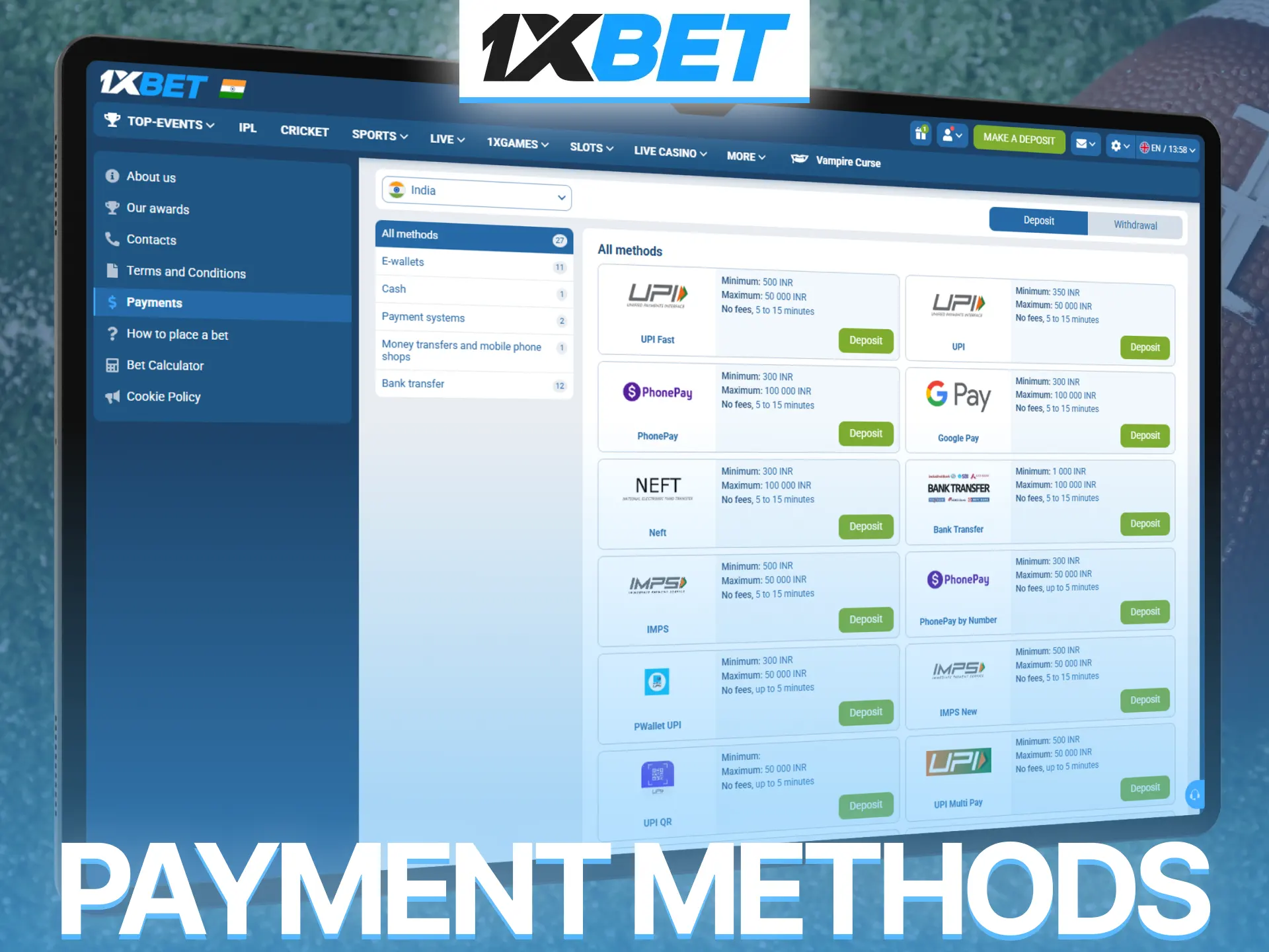 Use convenient payment methods on 1xBet for secure Indian betting transactions.