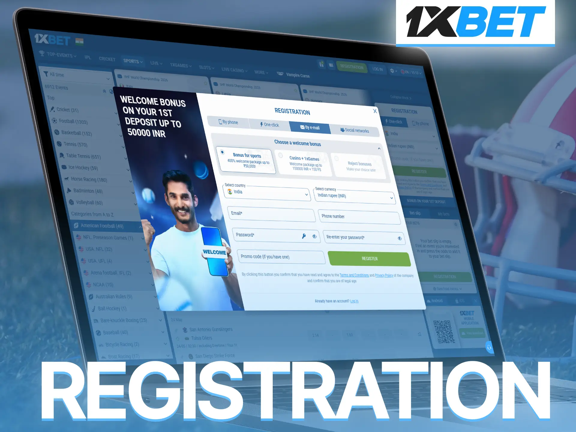 Complete quick 1xBet registration and start American football betting instantly.