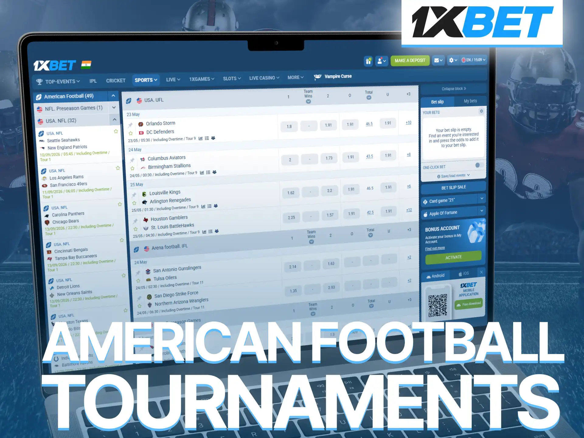 Bet on top American football tournaments through 1xBet and follow major events.