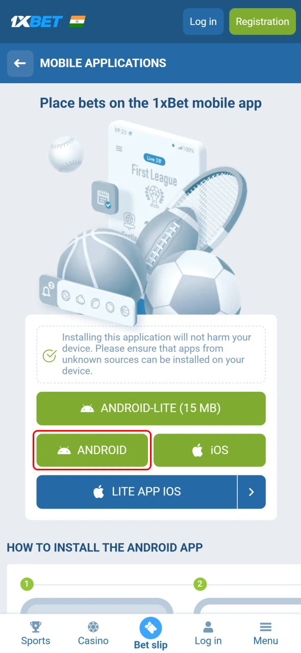 Find Android section on 1xBet application page and begin download safely.