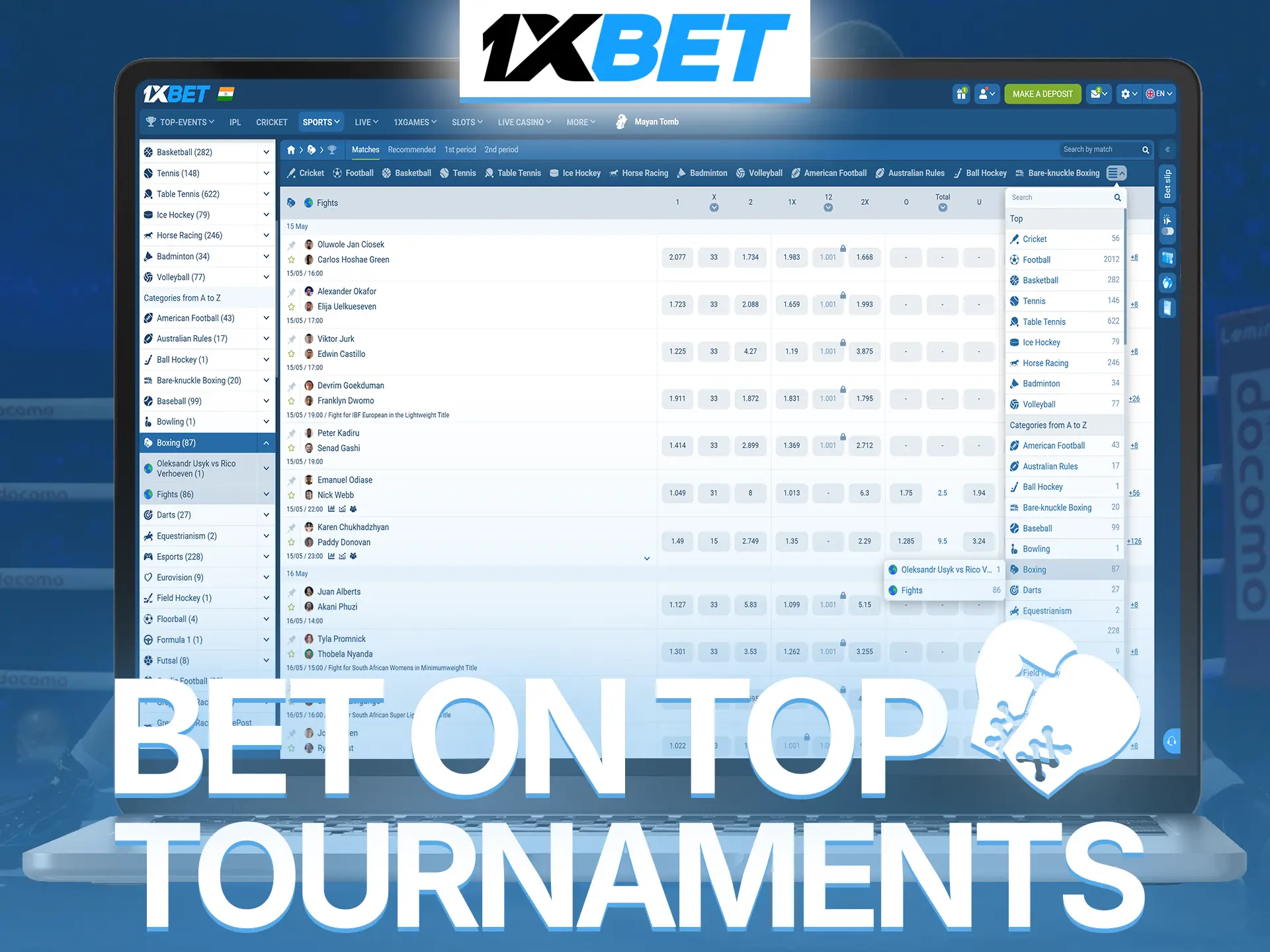 Explore a wide range of boxing tournaments and place bets at 1xBet India.