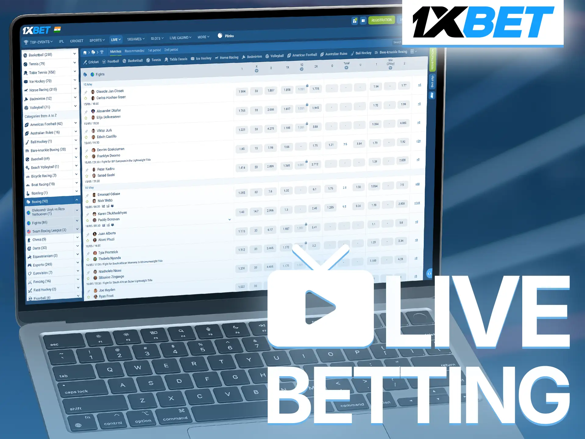 Feel the excitement of live boxing betting with real-time odds at 1xBet.