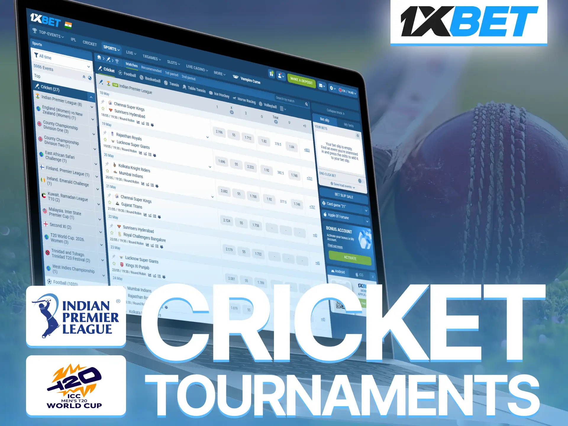 Bet on top cricket tournaments through 1xBet and support favorite teams confidently.