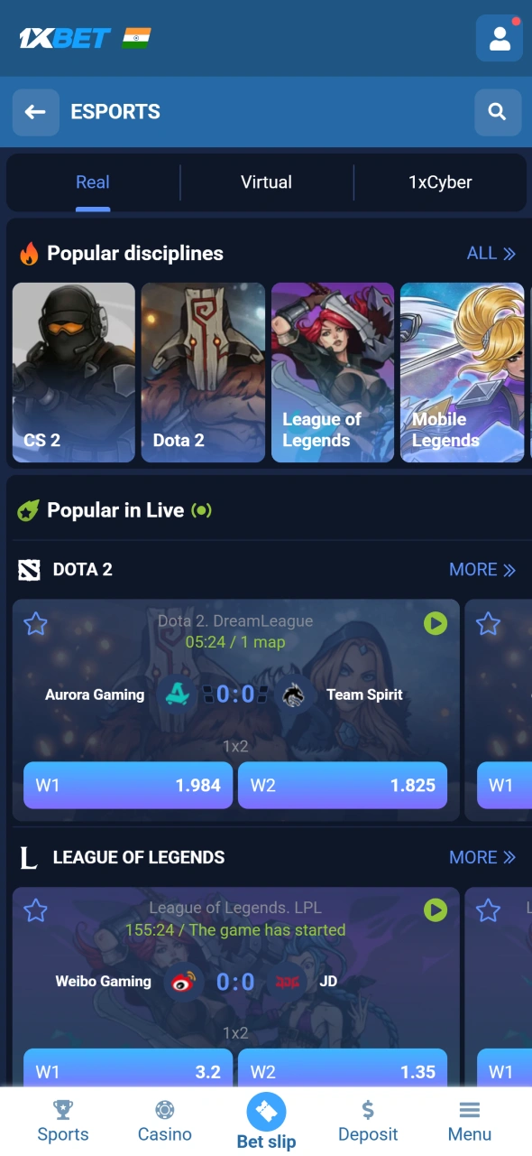 Open esports section on 1xBet and explore competitive CS2 tournaments easily.