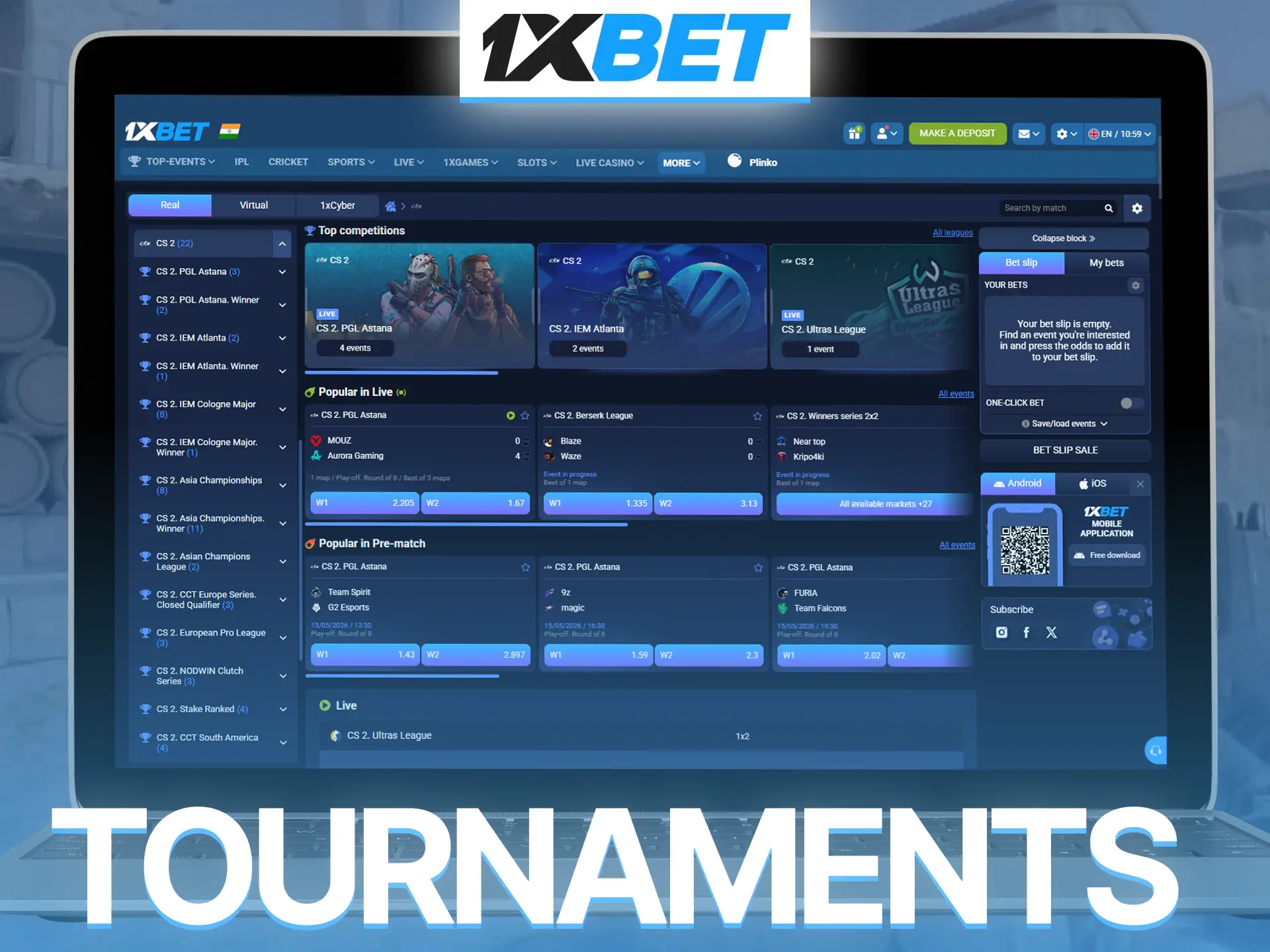 Follow top CS2 tournaments on 1xBet and enjoy live esports excitement.