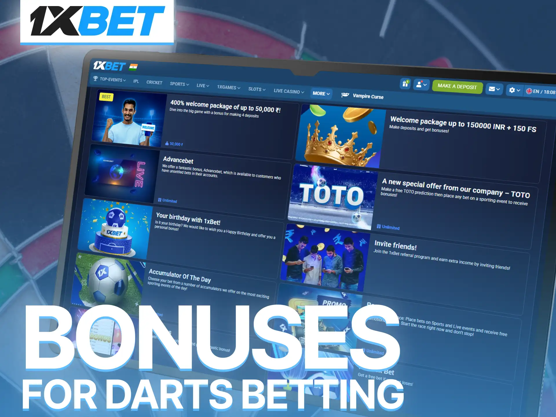 Claim exciting 1xBet bonuses for darts betting after successful account registration.