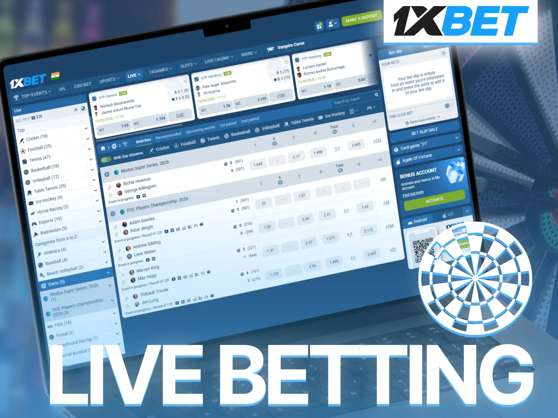 Experience thrilling live darts betting on 1xBet with advanced betting features.