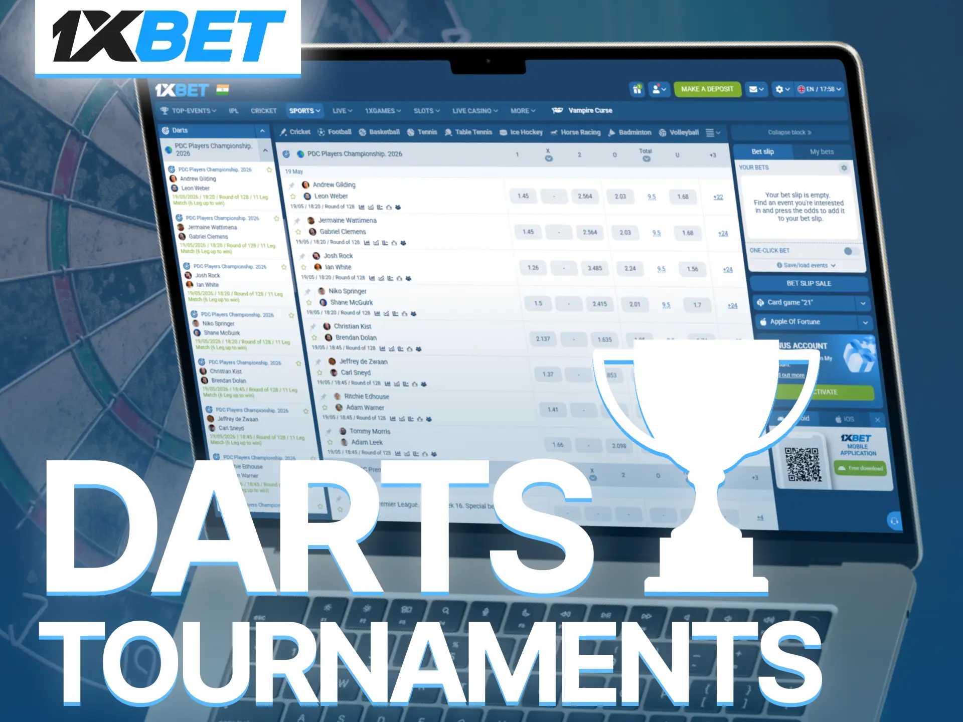 Bet on popular darts tournaments through 1xBet and follow thrilling competitions daily.