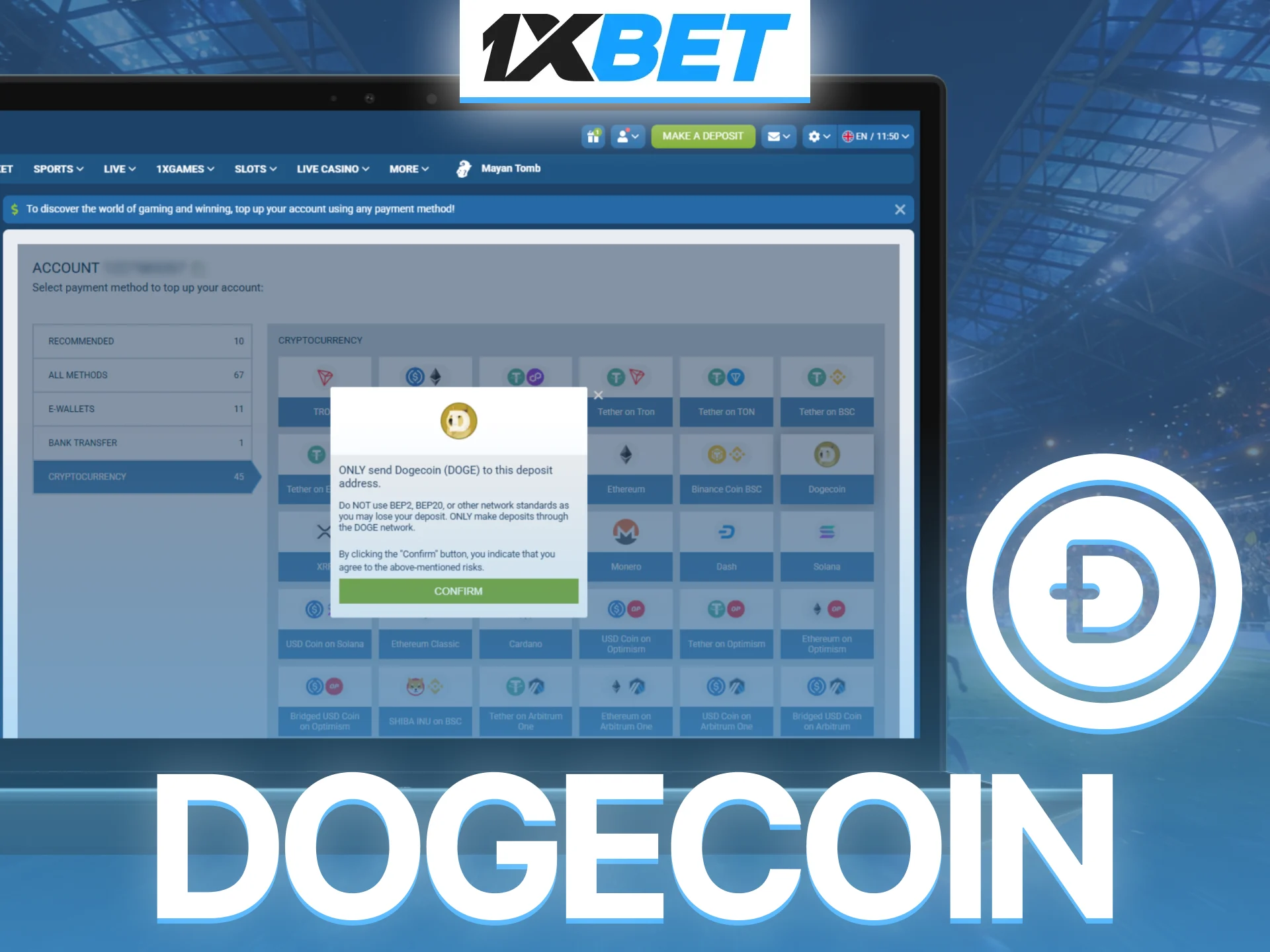 Deposit with Dogecoin on 1xBet and access affordable payment solutions.