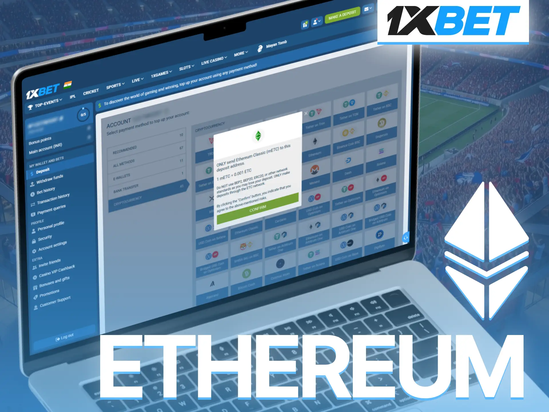 Use Ethereum on 1xBet for reliable cryptocurrency betting transactions securely.