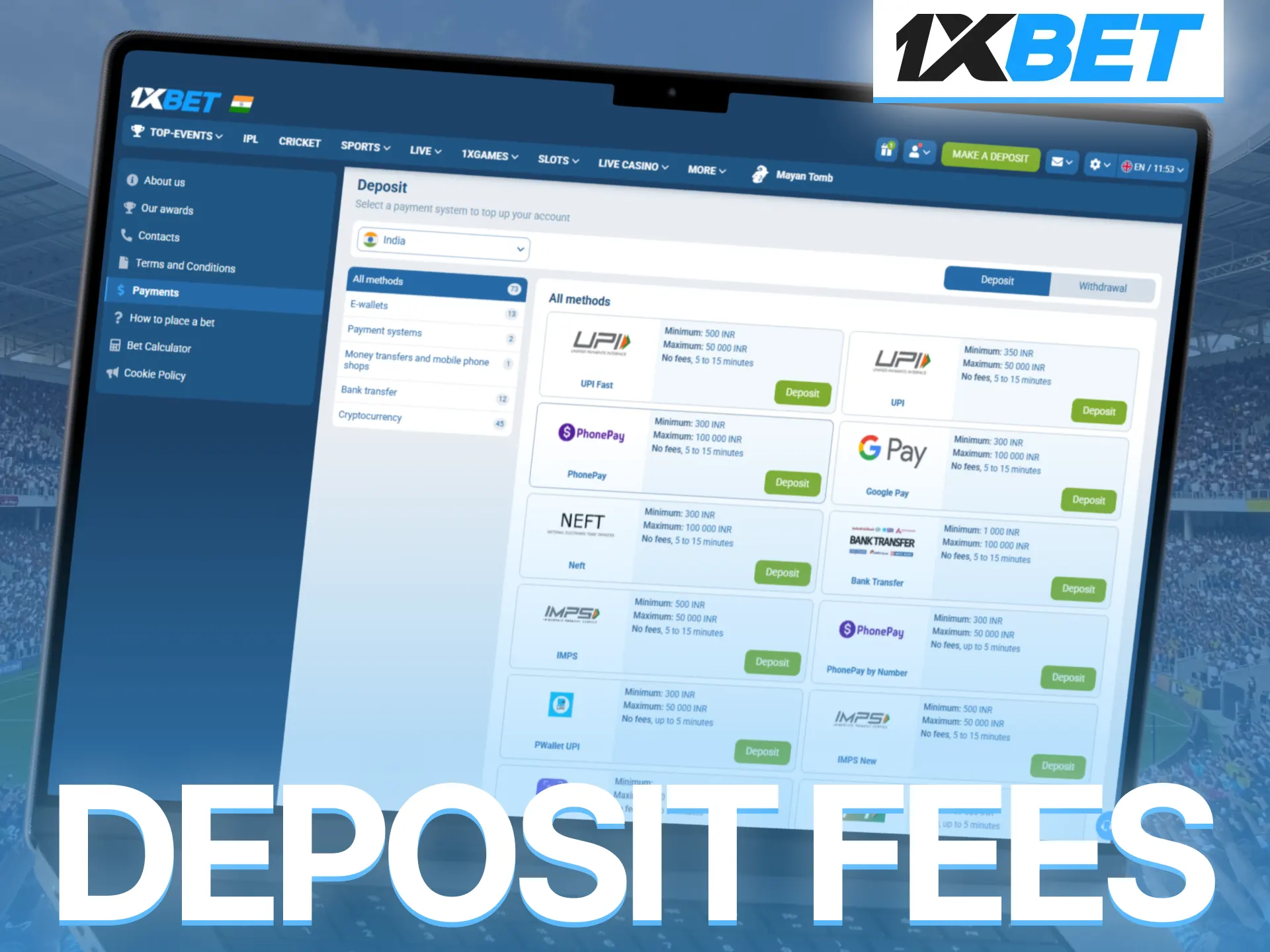 Enjoy fee-free deposits on 1xBet and save money during transactions.
