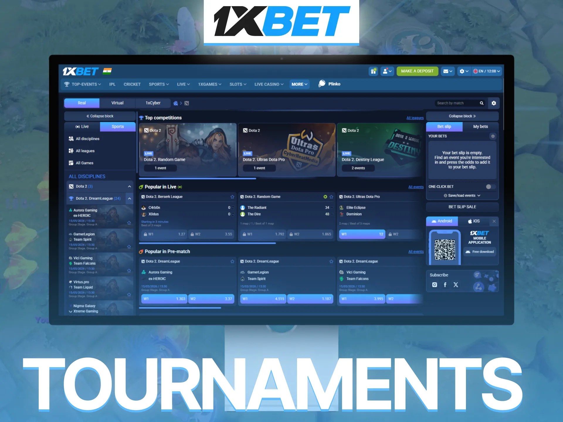 Follow major Dota 2 tournaments on 1xBet and enjoy competitive action live.