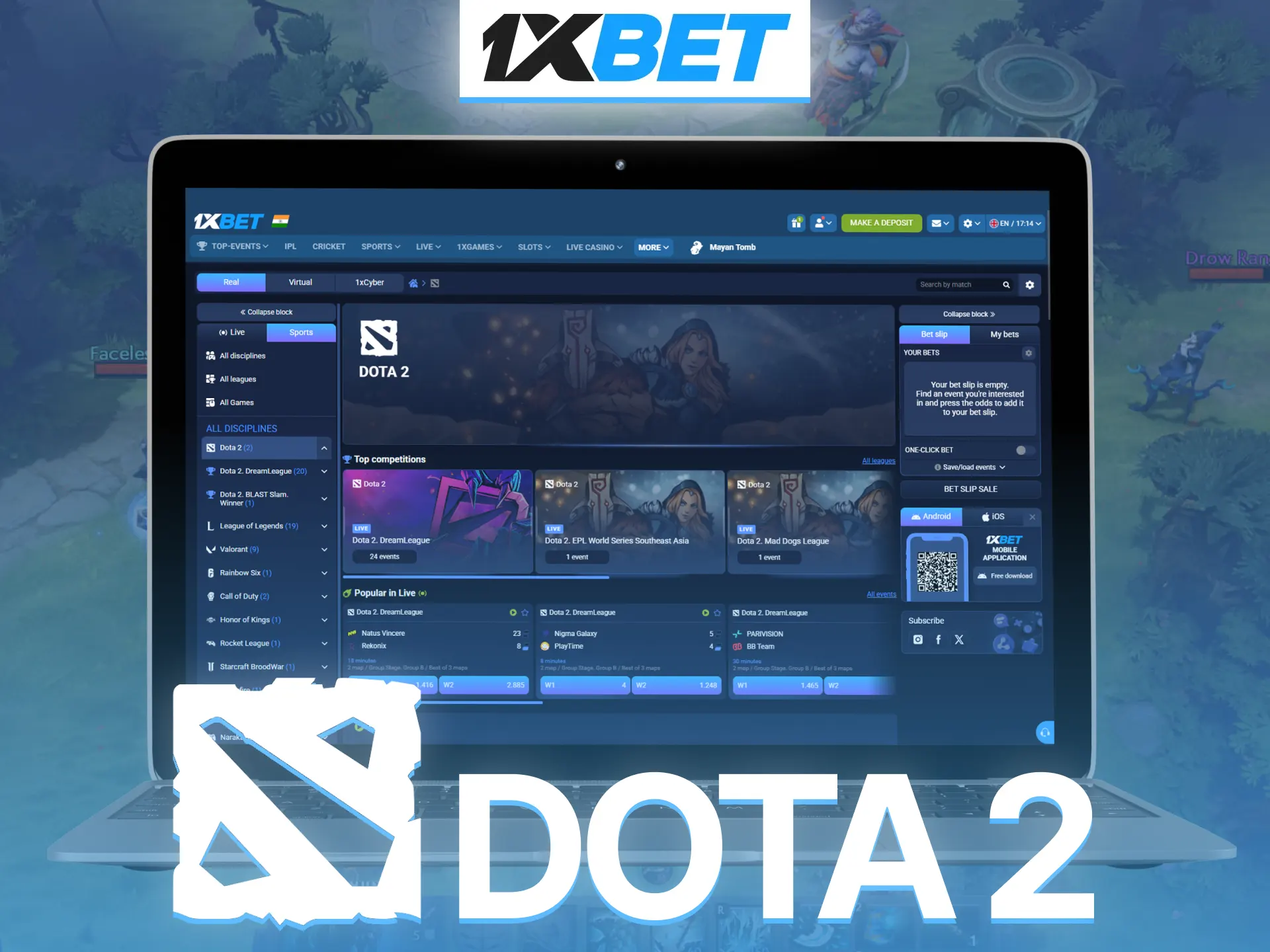 Bet on Dota 2 tournaments through 1xBet and follow live esports action.