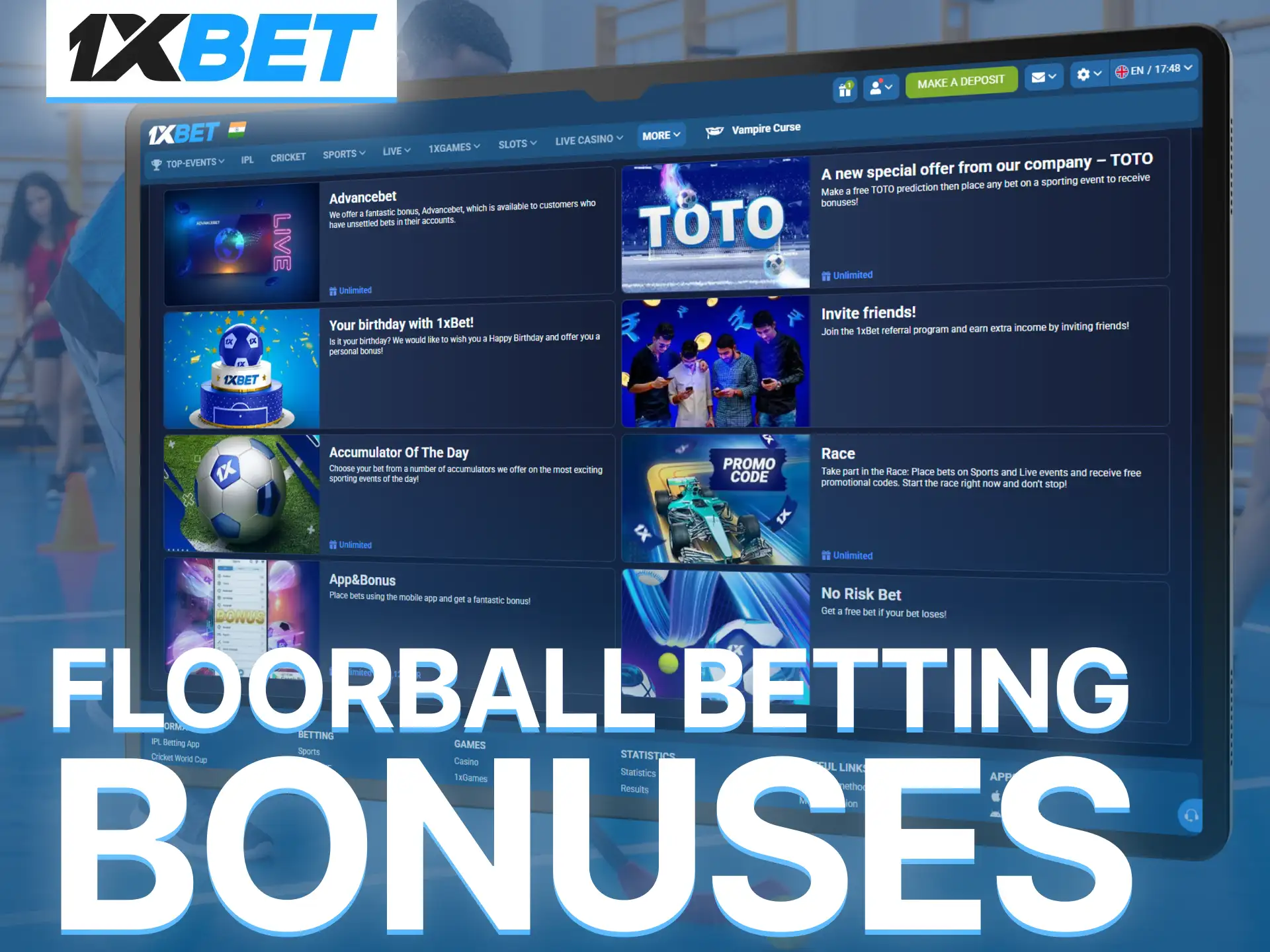 Claim exclusive 1xBet bonuses designed for passionate floorball betting enthusiasts.