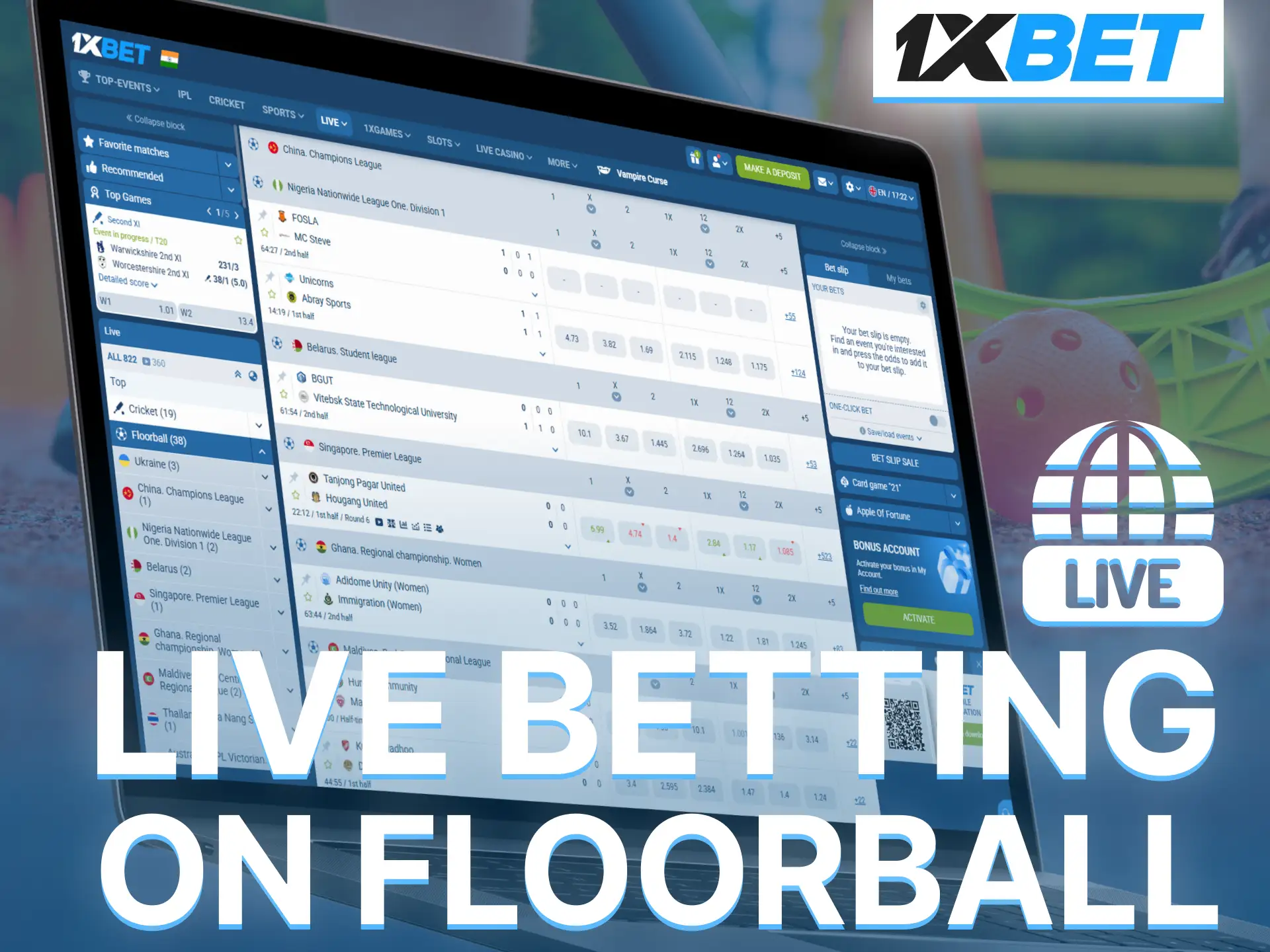 Experience exciting live betting features on 1xBet during daily floorball events.