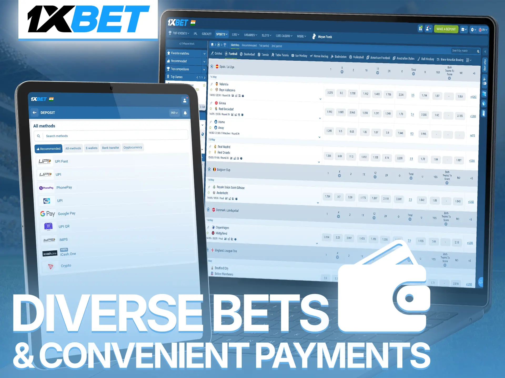 Explore various football betting options and secure payment methods at 1xBet.