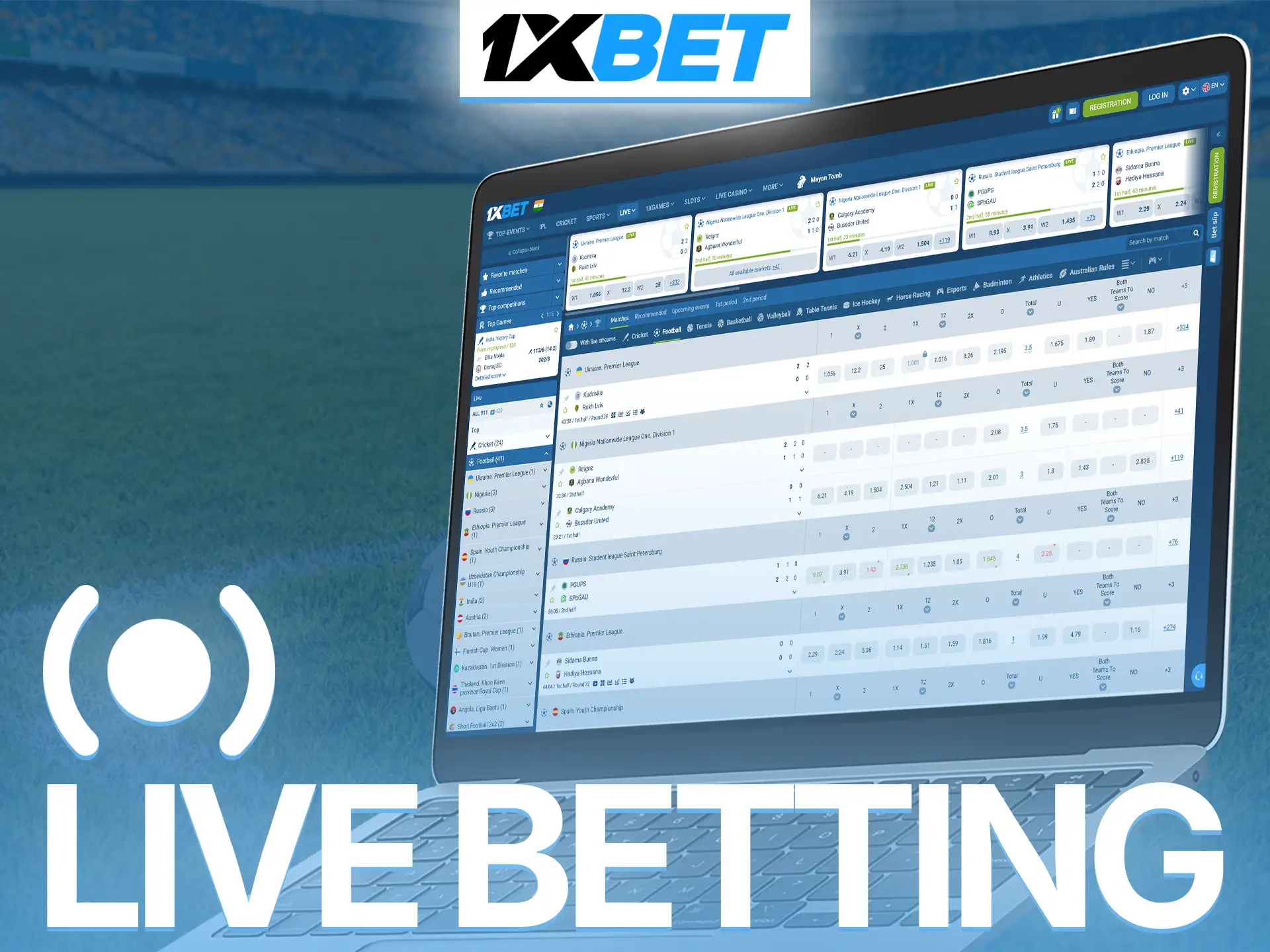 Follow and bet on live football matches in real time with 1xBet.