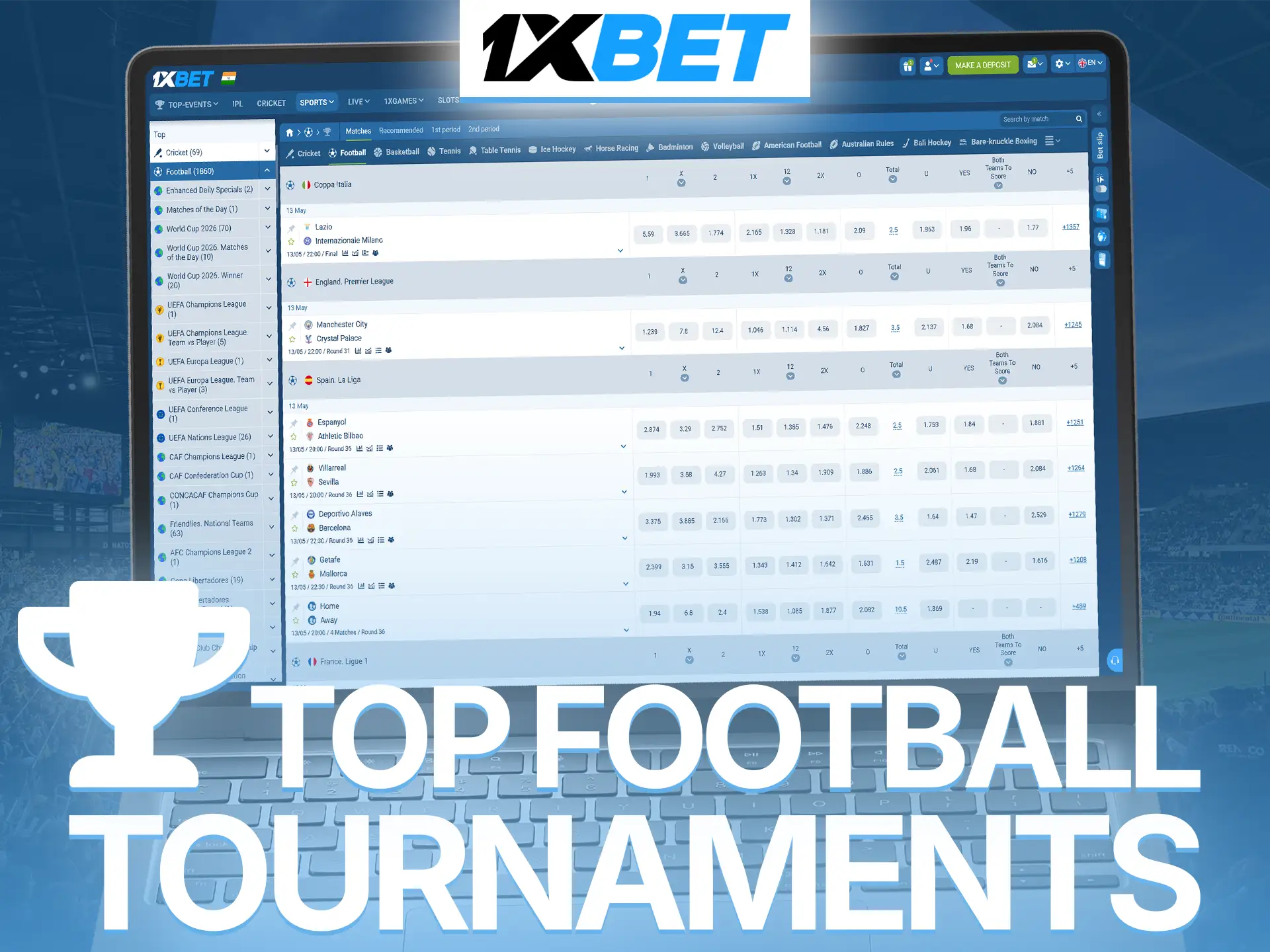 Discover popular football tournaments to place your winning bets with 1xBet.