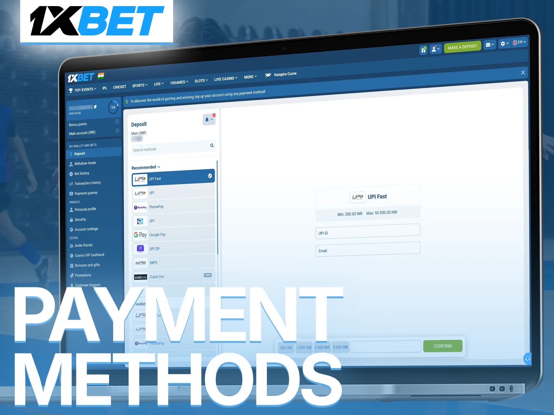 Utilize safe and instant deposit methods to fund your futsal betting at 1xBet.