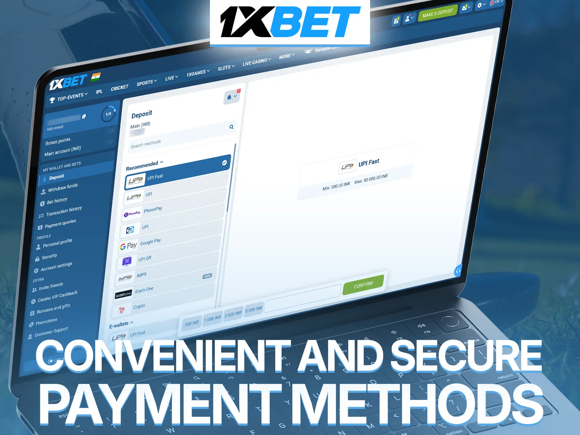 Fund your 1xBet balance securely to start betting on golf matches.