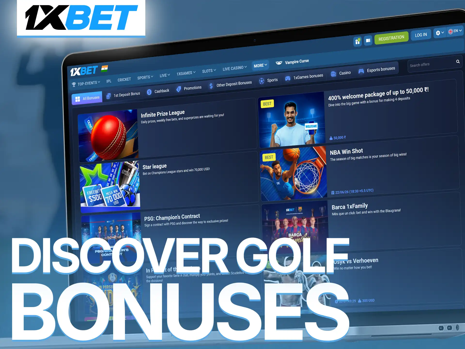 Claim attractive 1xBet promotions designed for passionate golf sportsbook users.
