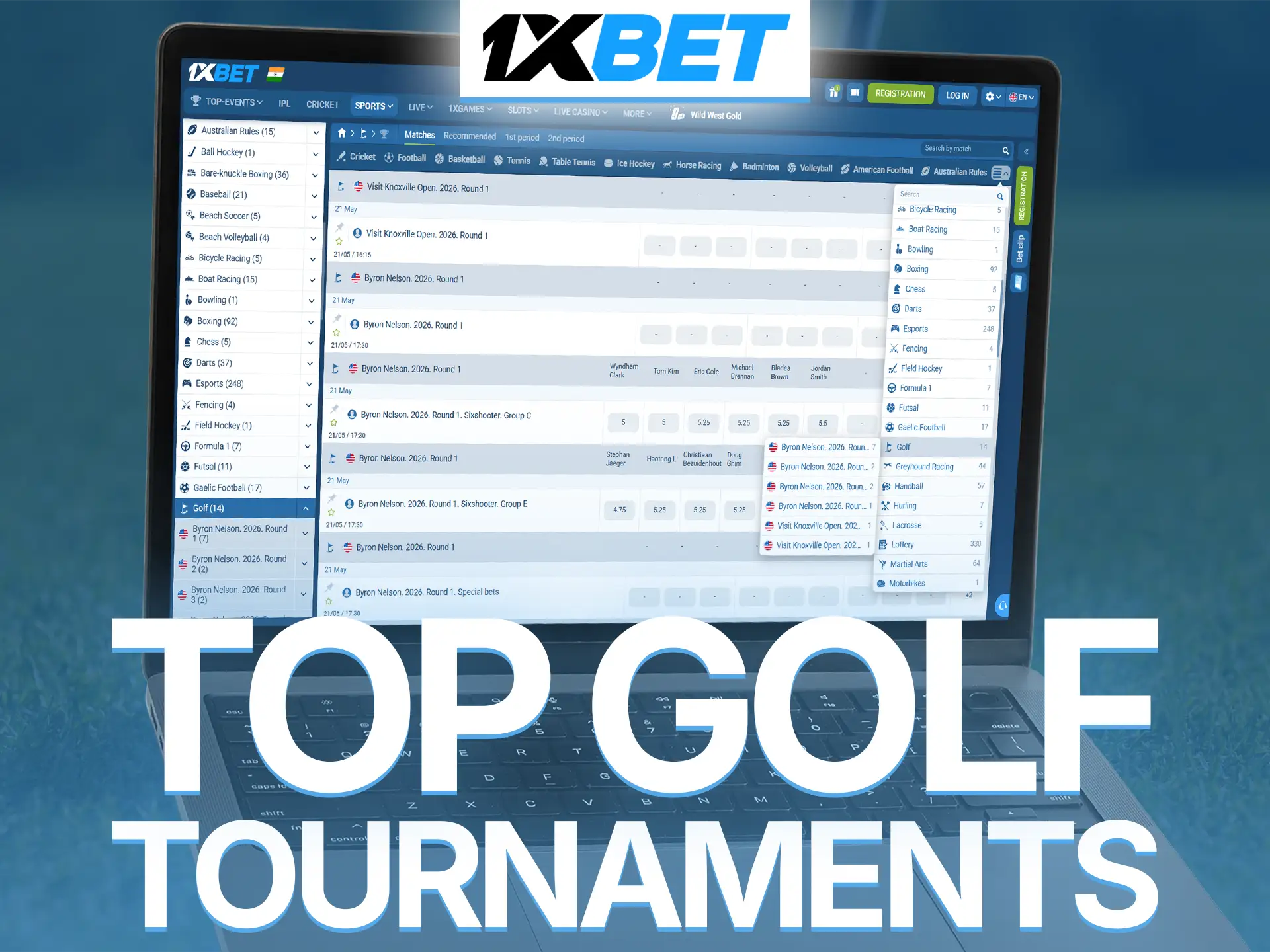 Discover professional 1xBet golf tournament odds and choose major world events.