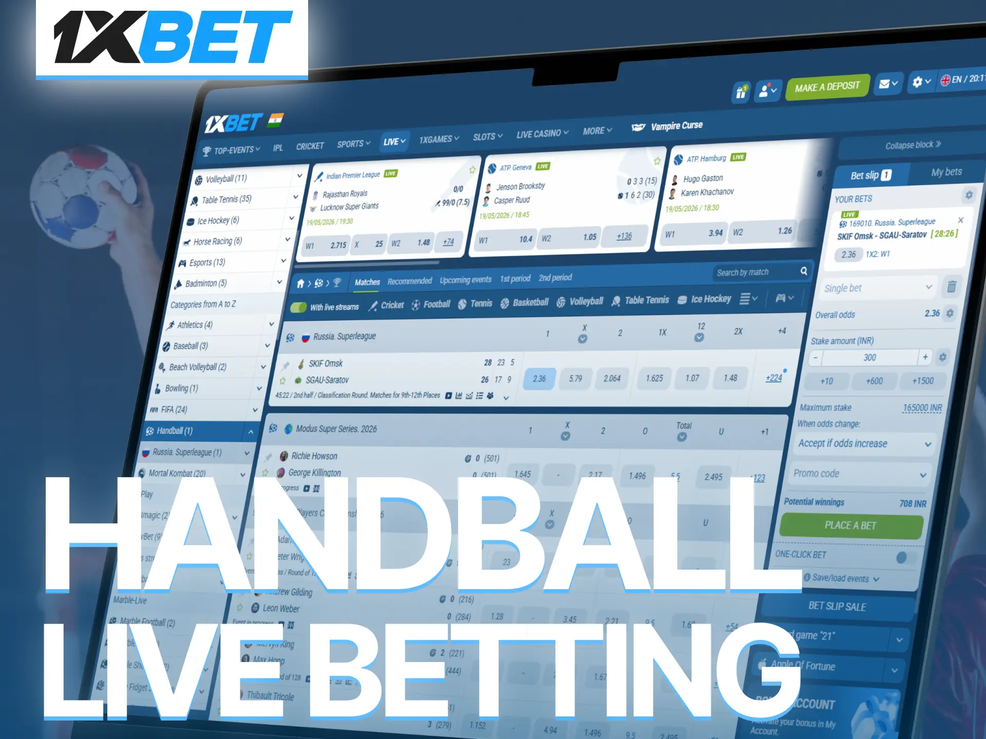 Discover exciting live betting features on 1xBet during handball events instantly.