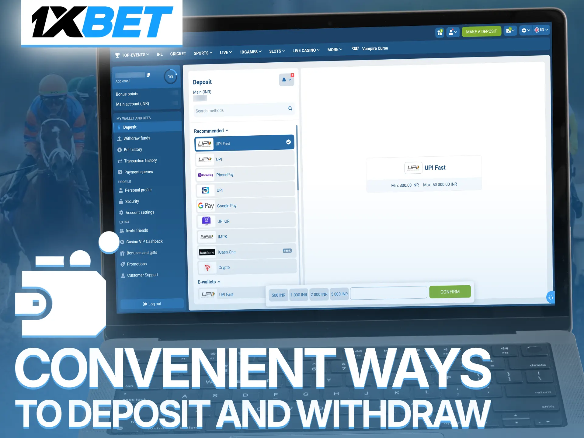 Select secure payment methods to manage your horse racing betting funds at 1xBet.