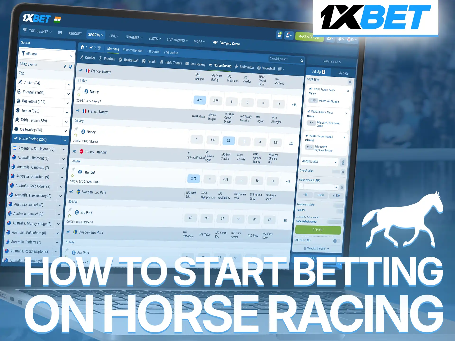 Learn effective strategies to place successful horse racing wagers with 1xBet.