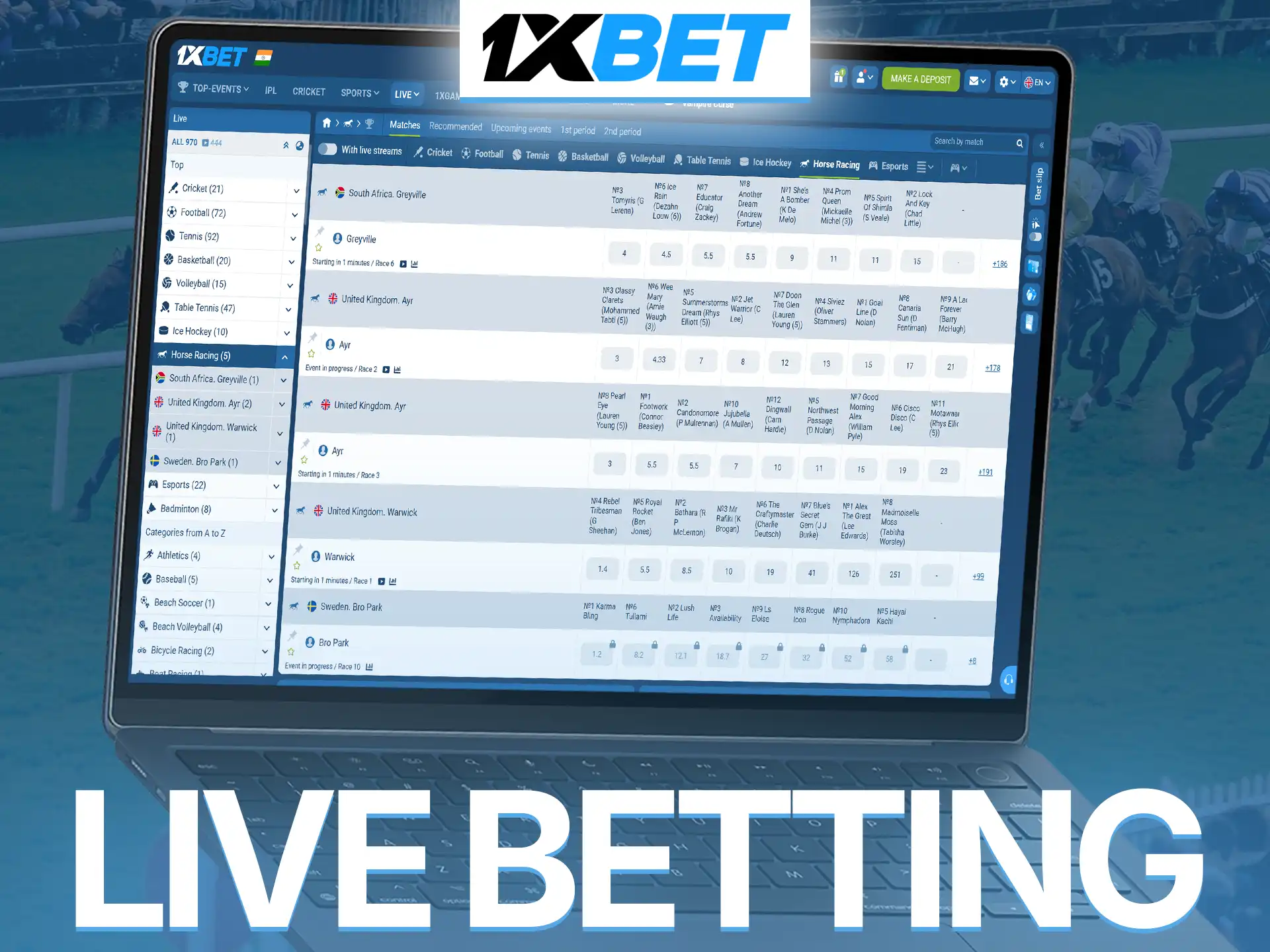 Experience the thrill of live horse racing betting with real-time updates at 1xBet.
