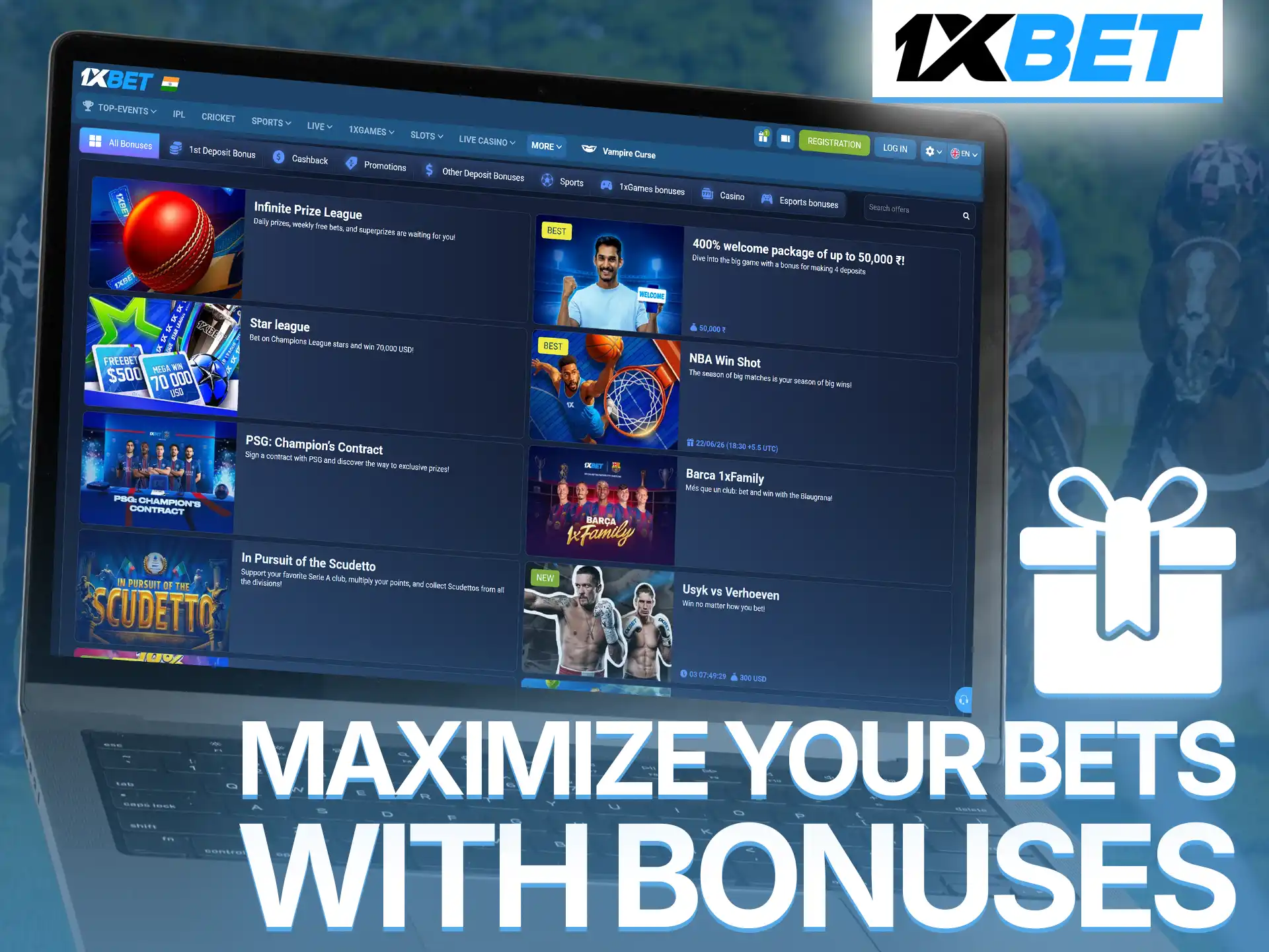 Claim rewarding promotions to increase your stakes on horse racing markets at 1xBet.