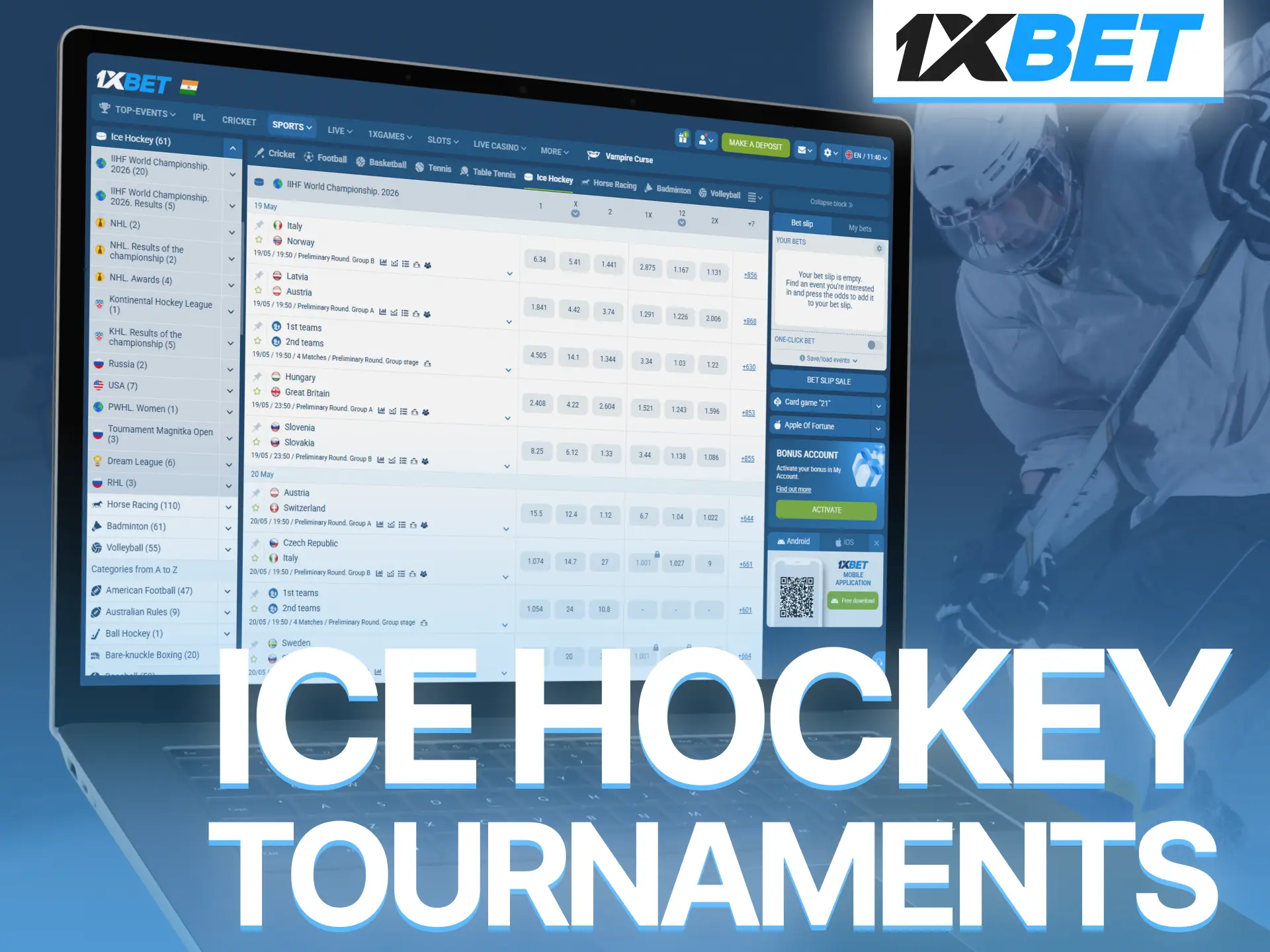 Bet on major ice hockey tournaments through 1xBet and follow top competitions.