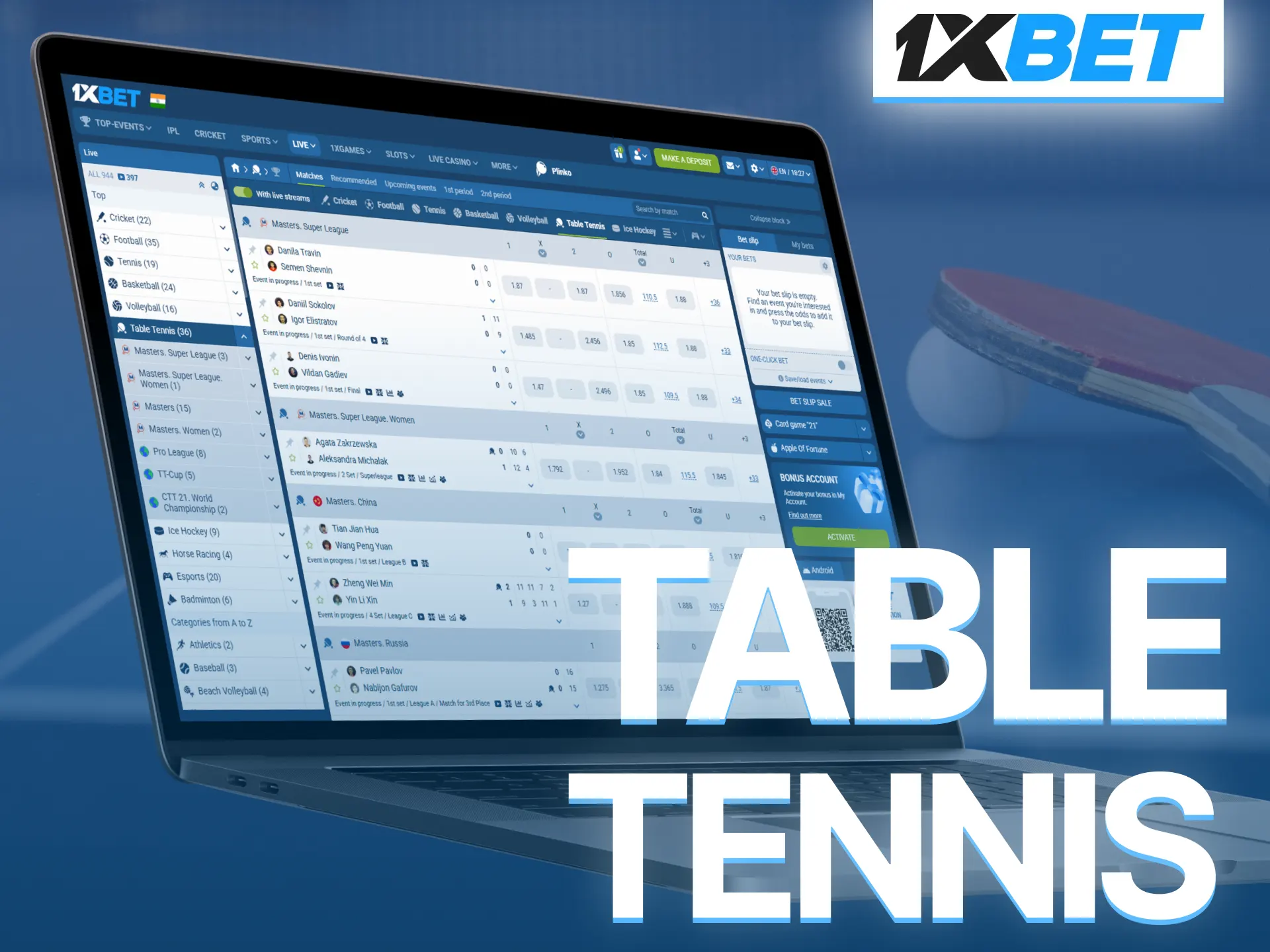 Enjoy live table tennis betting on 1xBet with rapid betting opportunities.