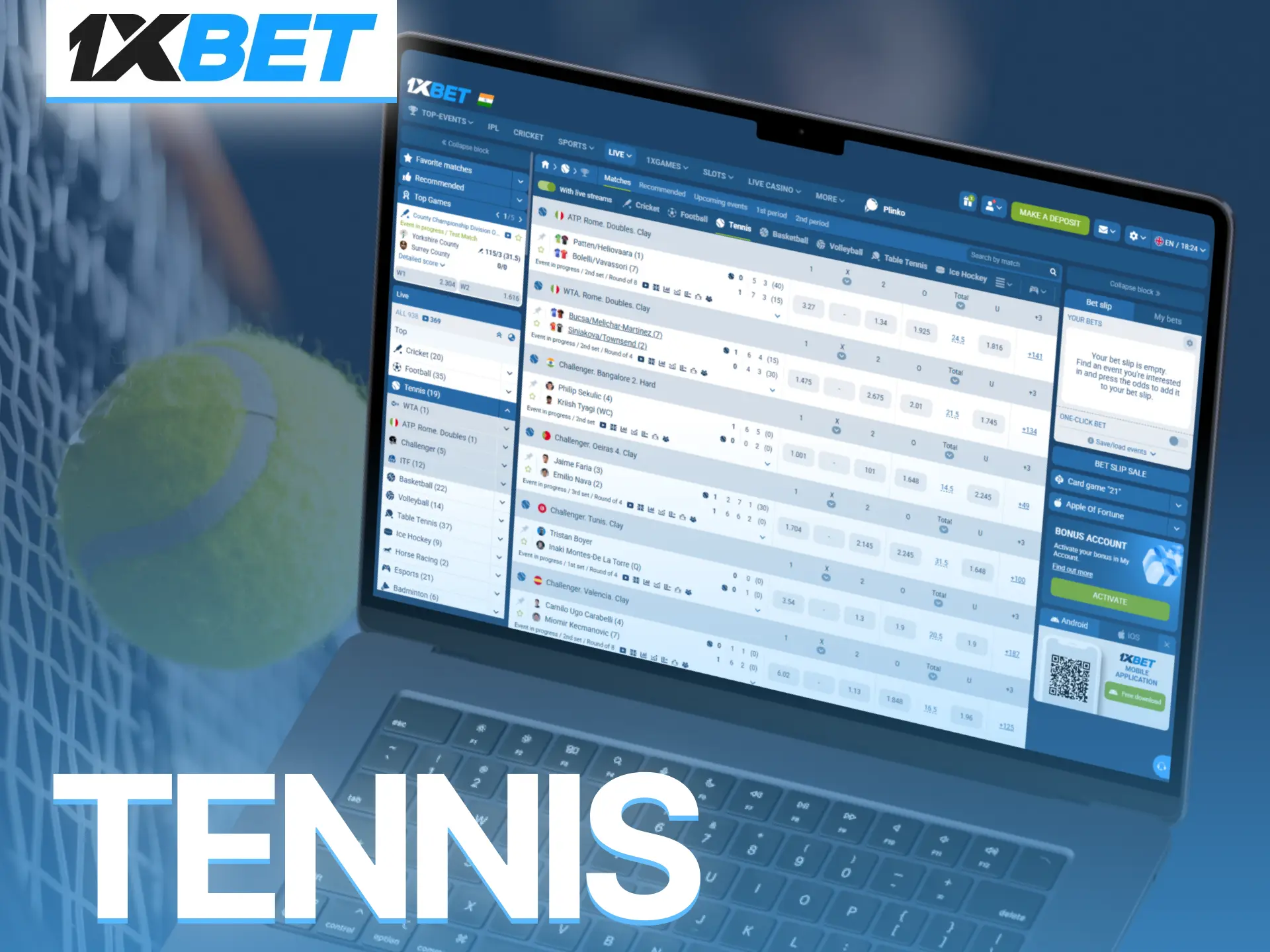 Bet on live tennis events through 1xBet and react to match momentum.
