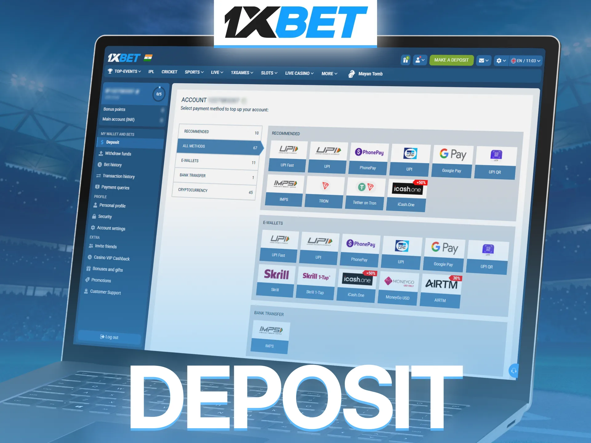 Choose convenient deposit methods on 1xBet and fund your account quickly.