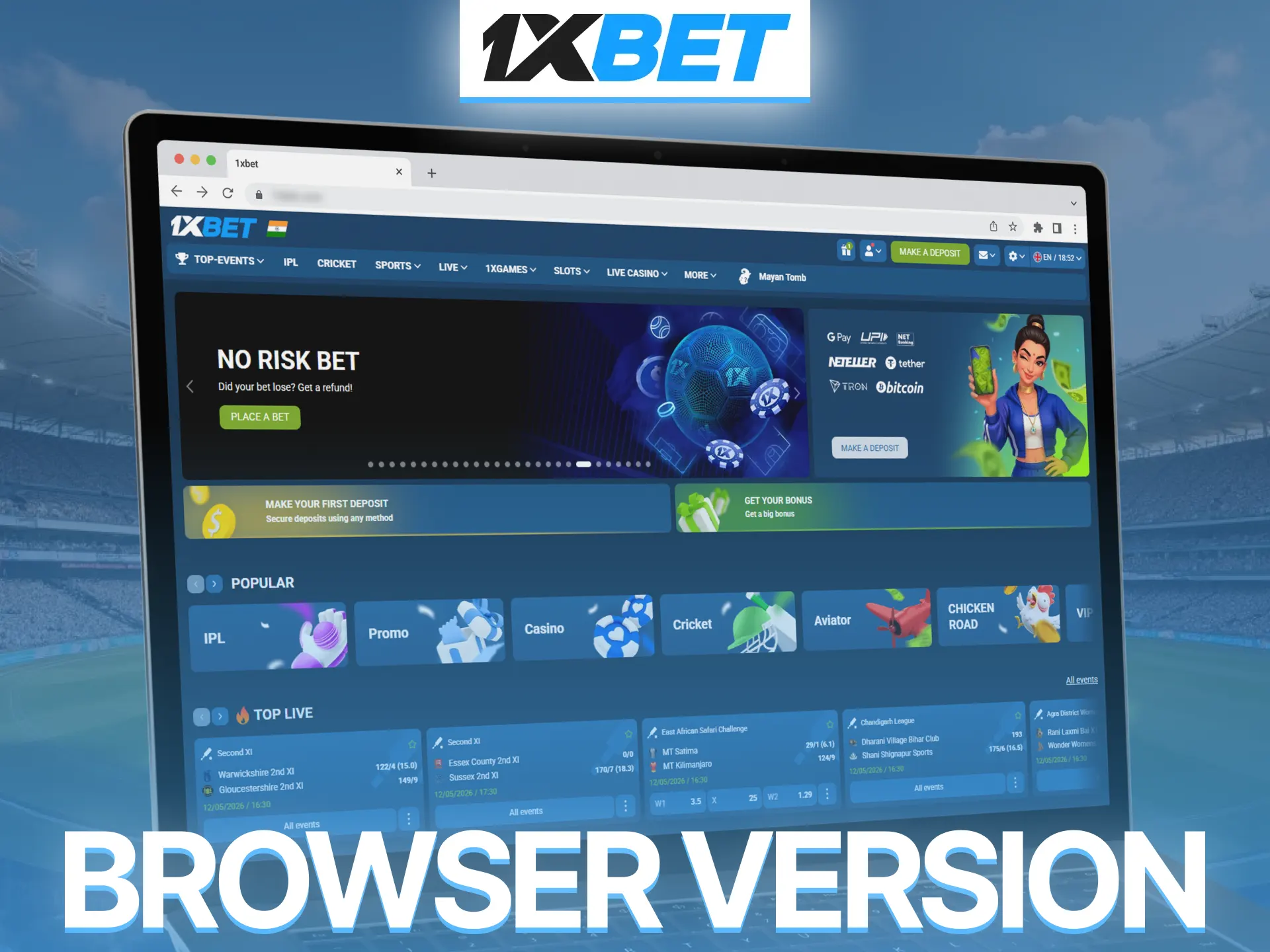 Play on 1xBet official website without installing desktop application software.