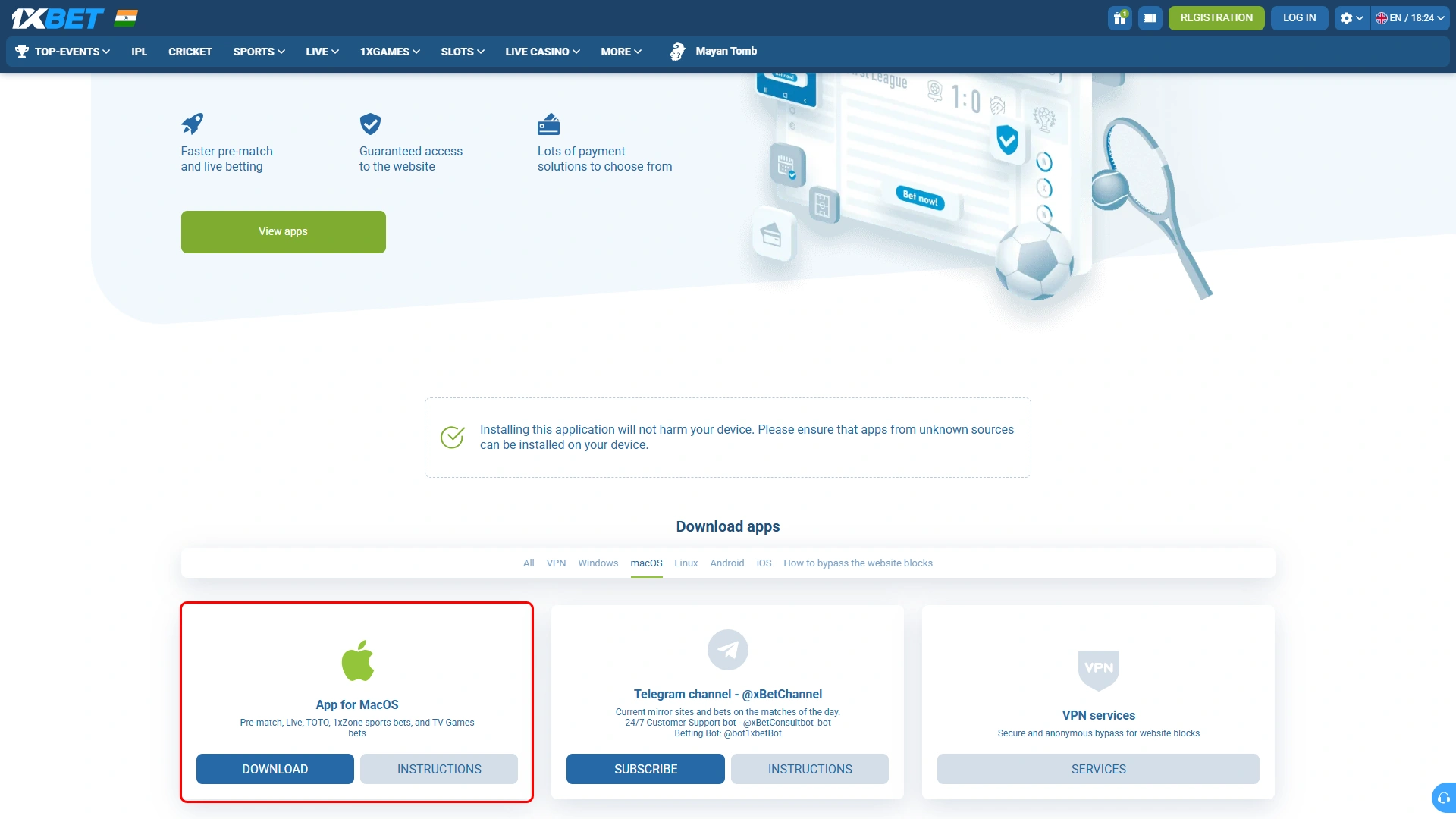 Download 1xBet file for MacOS and start installation process safely.