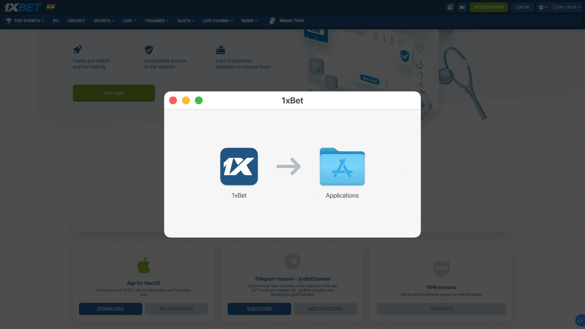 Move 1xBet PC client into Applications folder for convenient access.