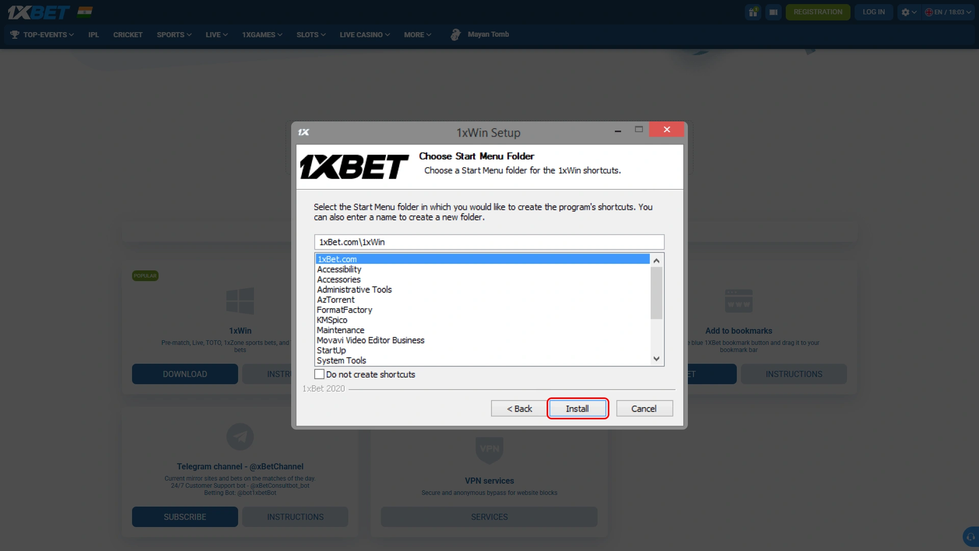 Choose folder for 1xBet PC application and organize files conveniently.