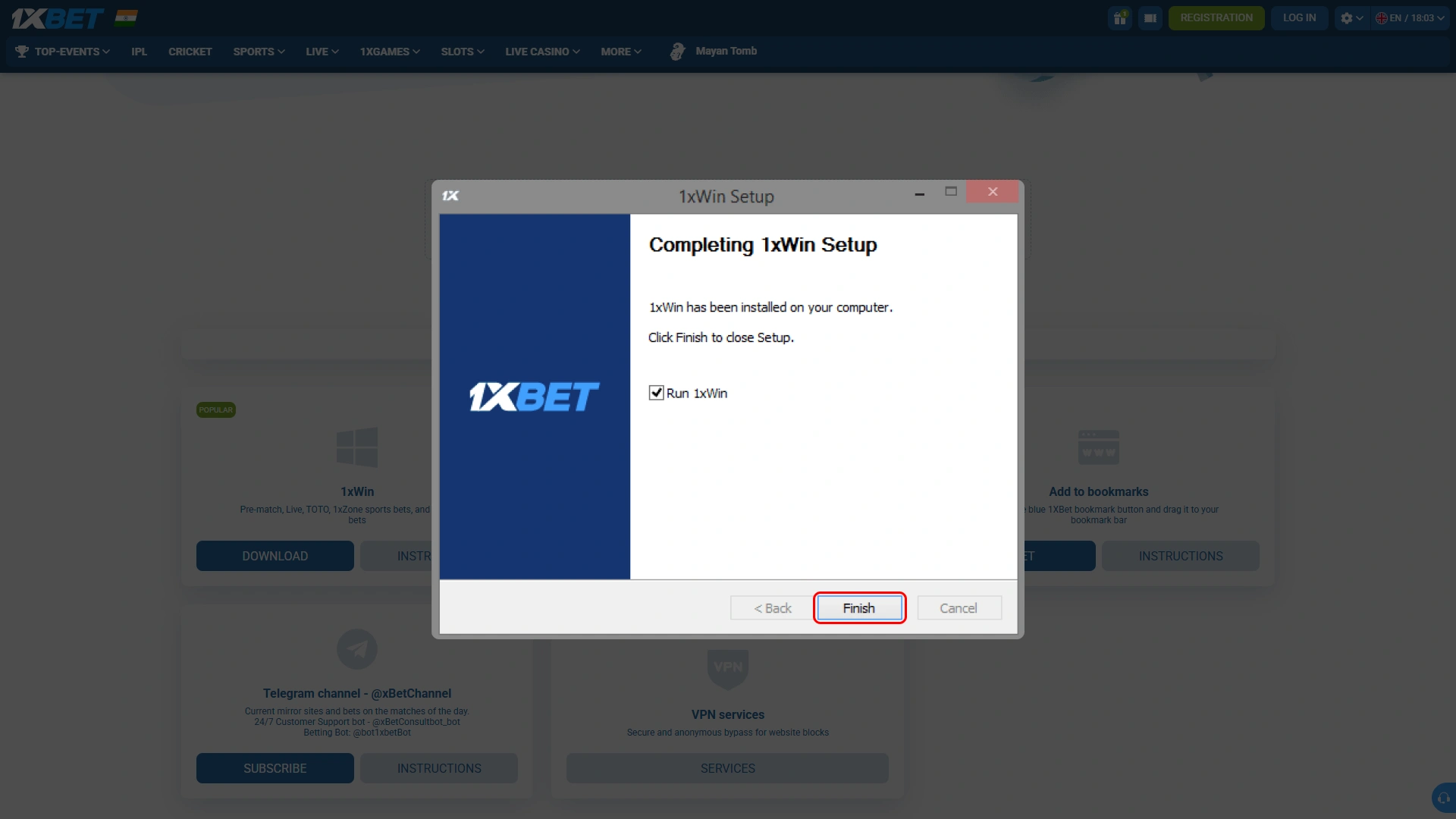 Finish installation of 1xBet desktop client and prepare for gaming access.