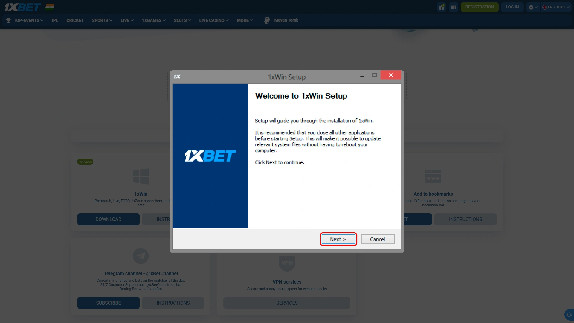 Start setup process for 1xBet desktop client and follow installation instructions.