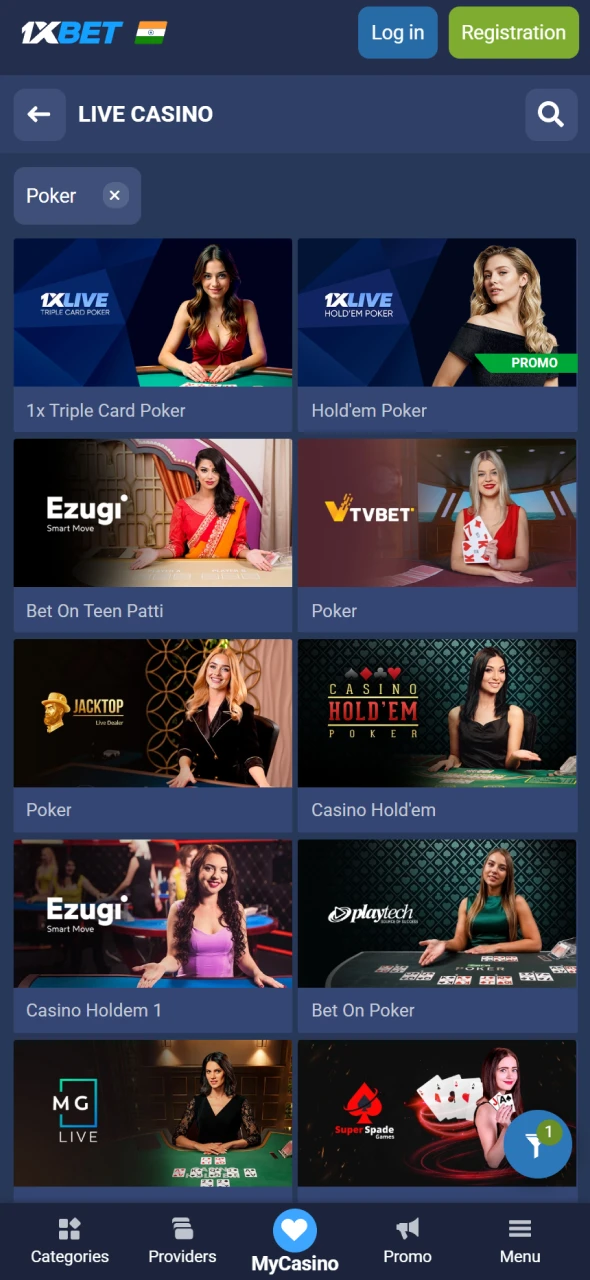 Browse the diverse lobby to select your like Poker game on 1xBet.