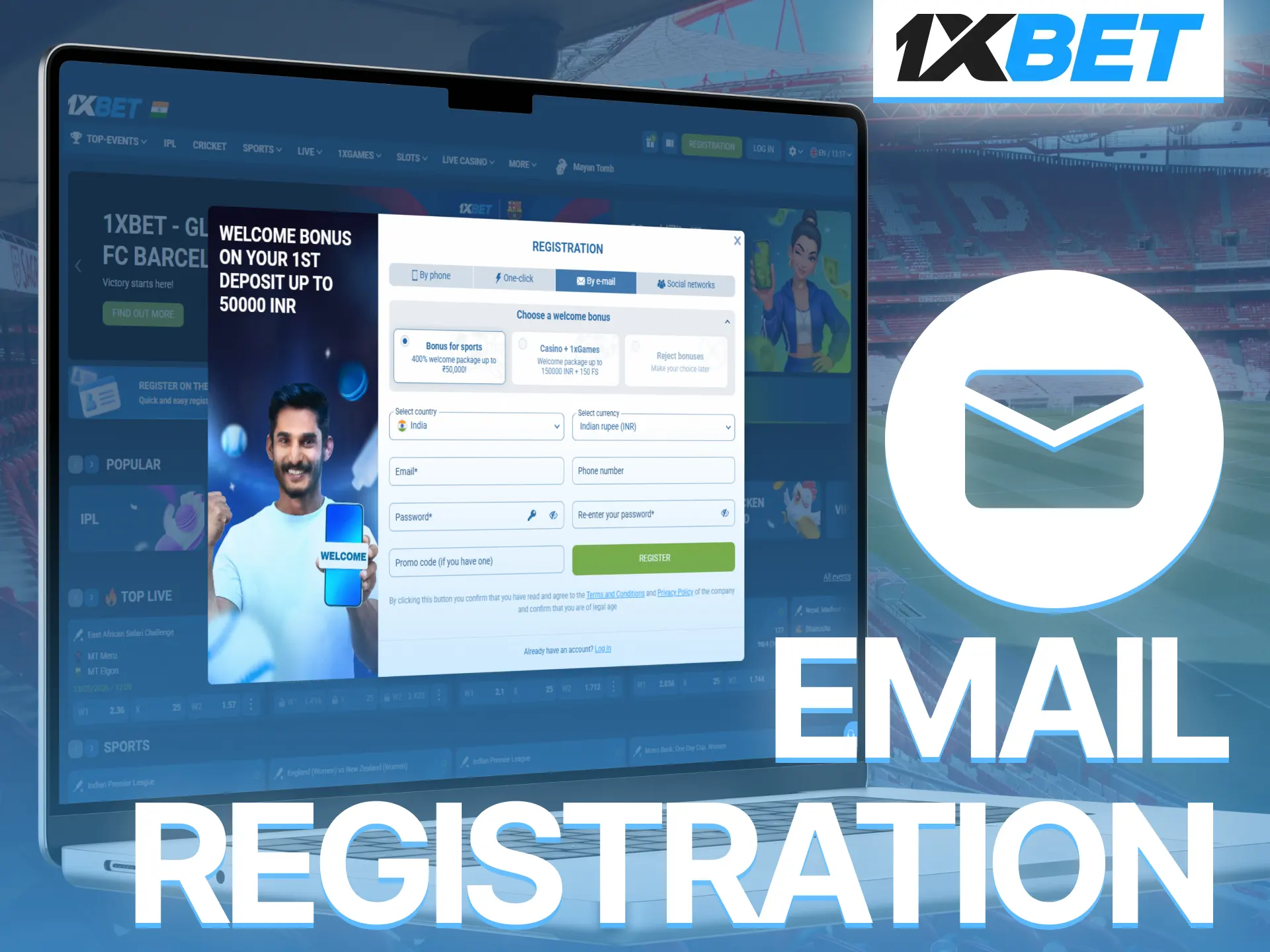 Sign up on 1xBet using e-mail and secure your gaming profile.