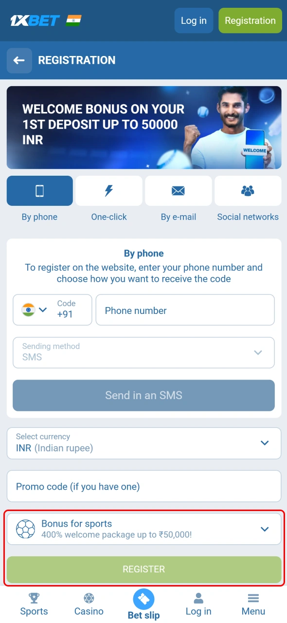 Select bonus on 1xBet and finish registration process successfully.