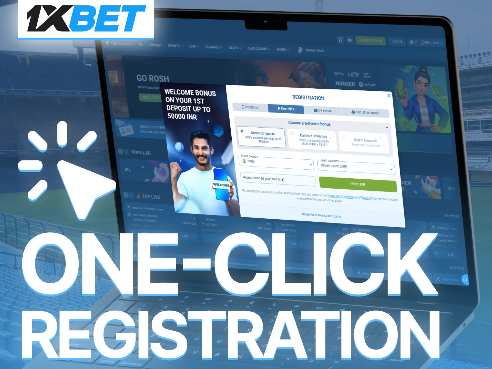 Use one-click registration on 1xBet for faster account creation process.