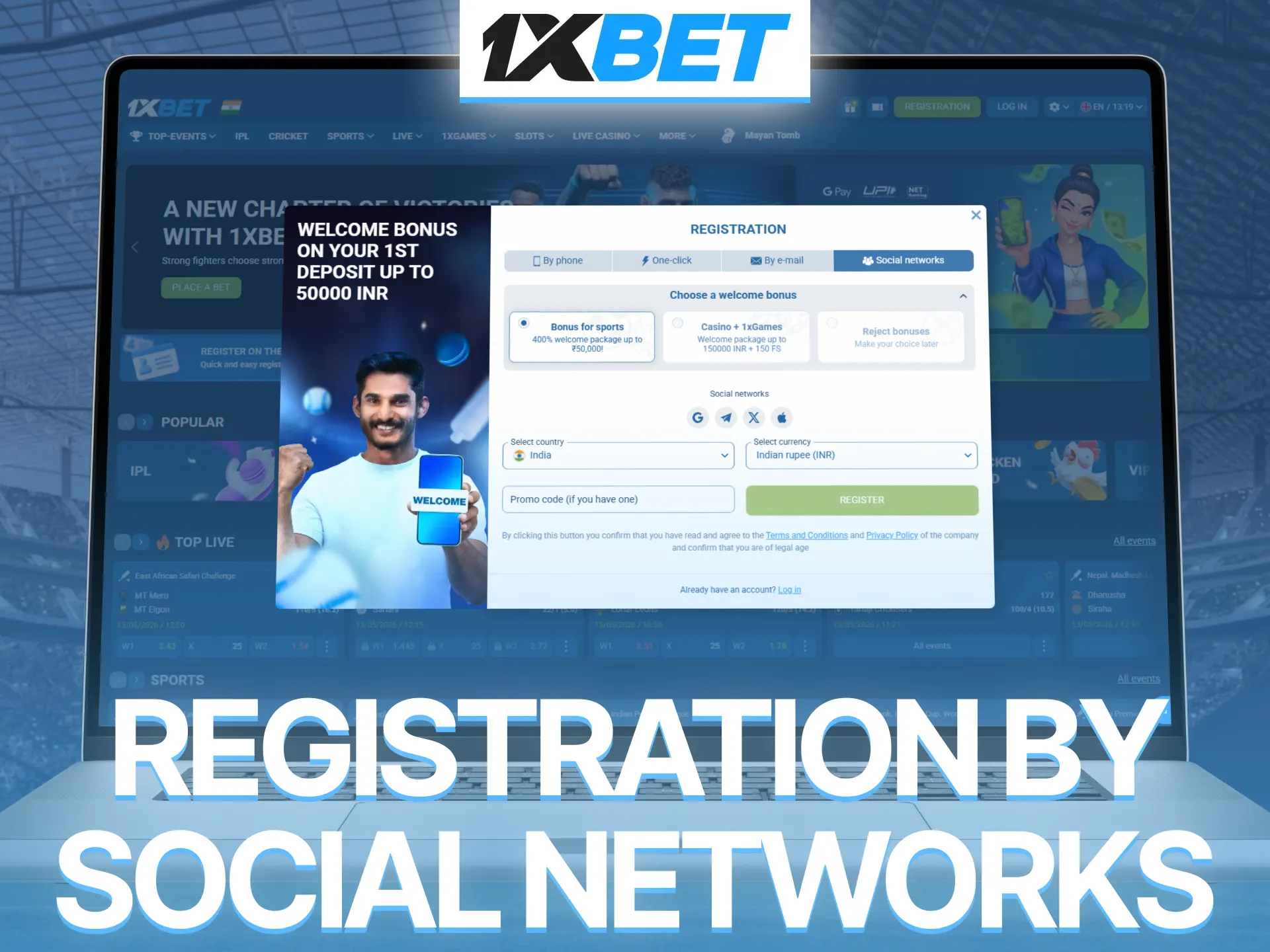 Register through social networks on 1xBet and access account conveniently.