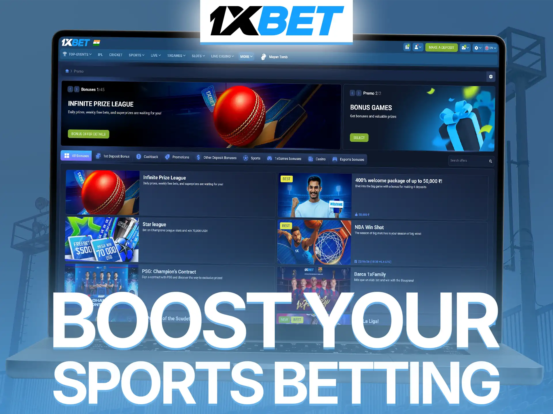 Boost your sports betting potential by claiming bonuses at 1xBet.